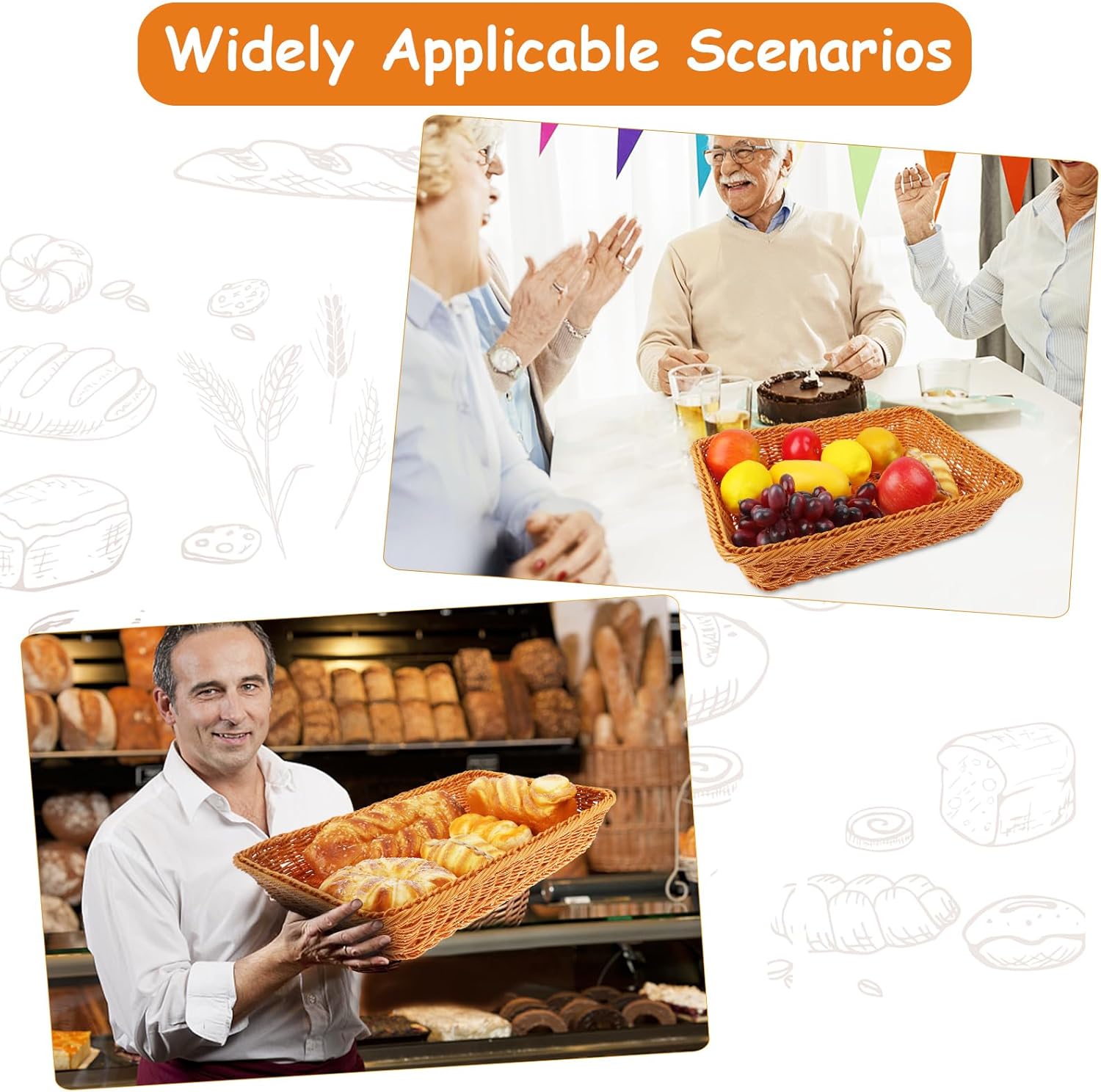 2 Pcs Rattan Bread Basket 15.7 x 11.8 Inch Woven Imitation Rattan Fruit Basket with Acrylic Lid Wicker Bread Basket for Serving with Cover Food Vegetable Display Storage Baskets for Kitchen Restaurant