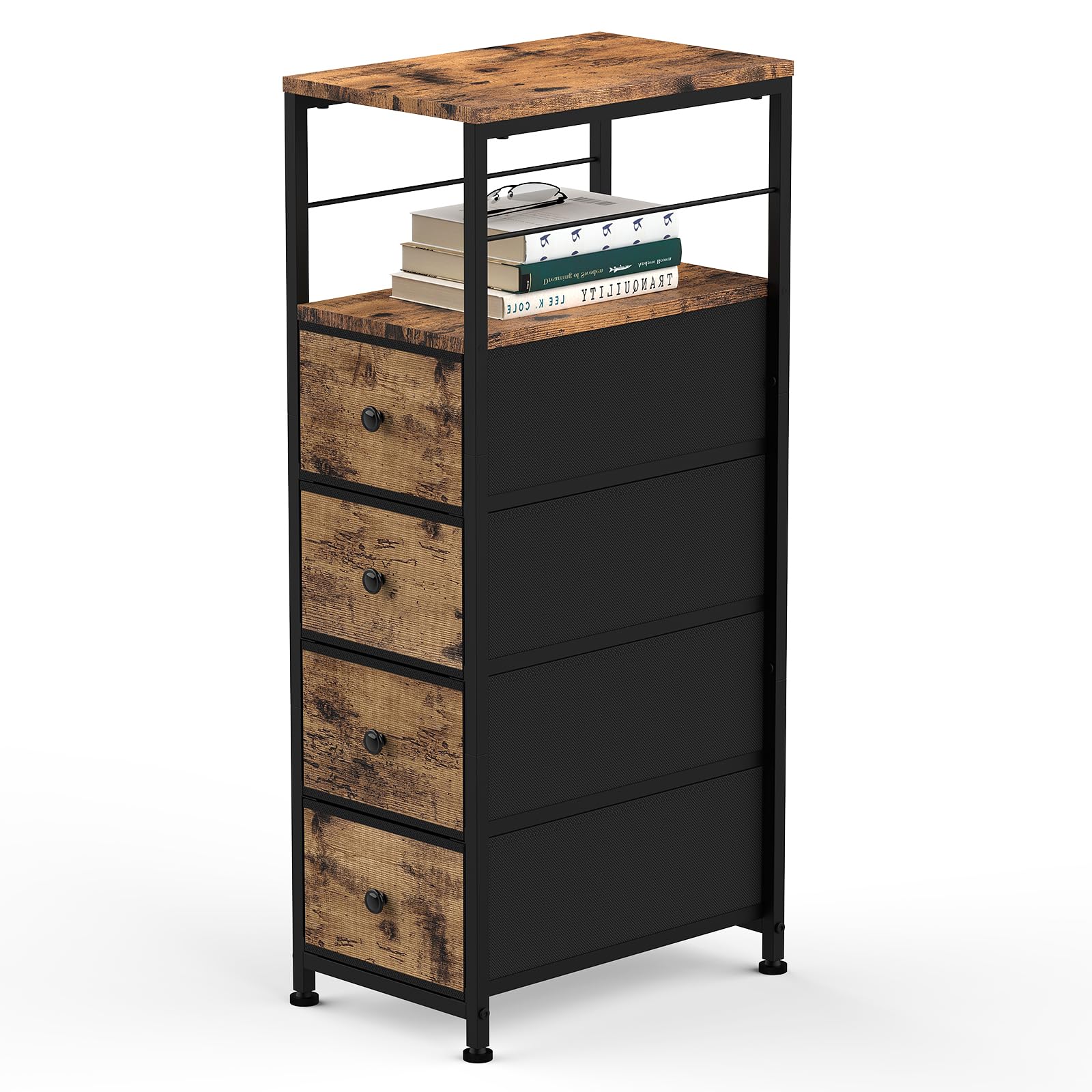 CADUKE Cómoda estrecha, torre de almacenamiento de 4 cajones, marrón rústico | Parte superior de madera, marco de metal resistente, cajones delgados para dormitorio, baño, sala de estar