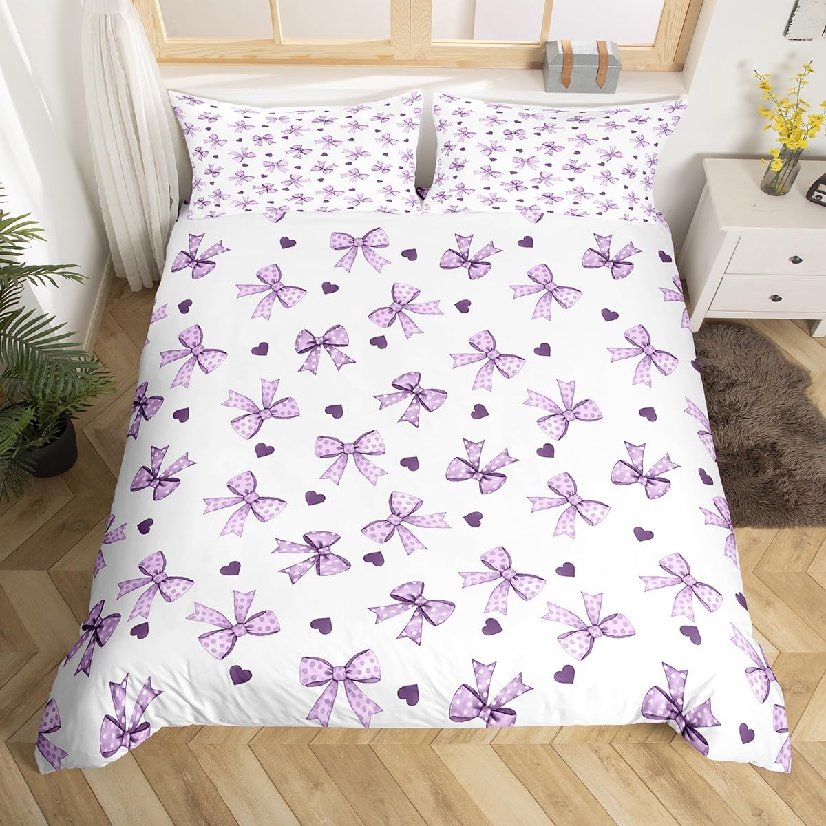 Homemissing Grinding Purple Bow Duvet Cover Set Super King Size For Kids Girls Bownot White Bedding Set Princess Style Microfiber Heart Duvet Cover with 2 Pillowcases — image 1
