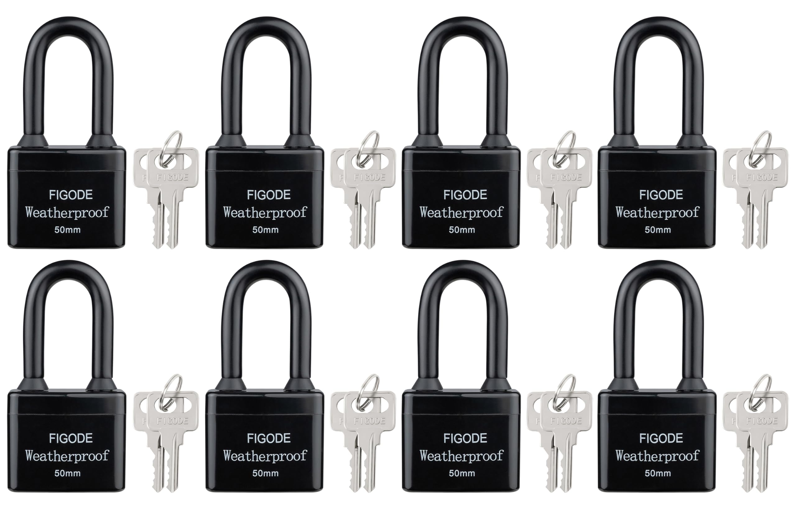 FIGODE® Outdoor Waterproof Padlocks, Covered Heavy Duty Laminated Steel Locks, Large Sturdy Locks, 2.2 in. Wide, 8 Locks Same Key, Long Padlocks