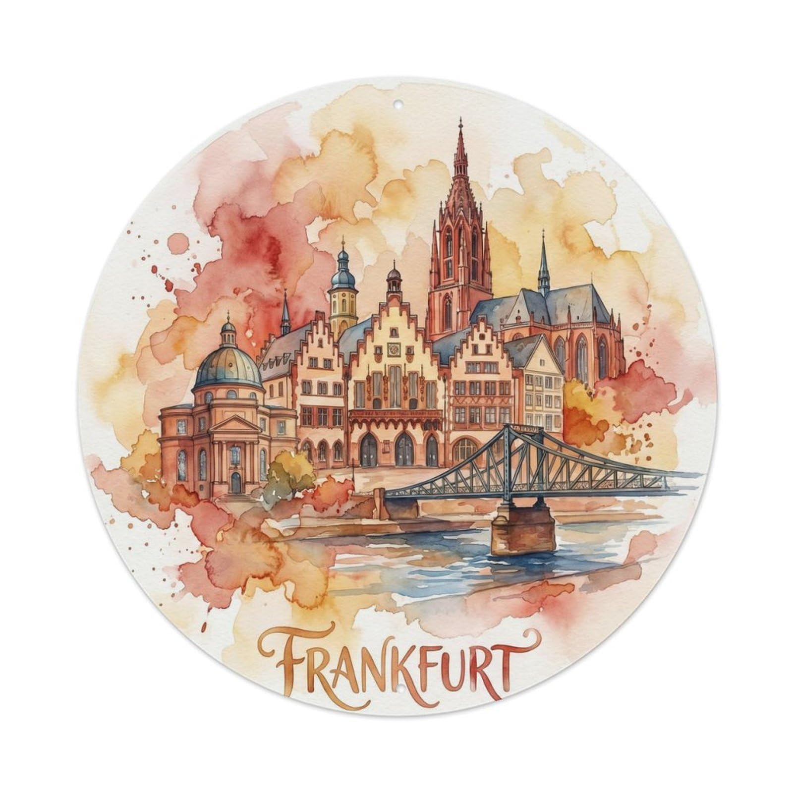 Frankfurt Historic Square Cathedral Watercolor Germany Travel Metal Tin Sign Plaque Wall Decor for Cafe, Man Cave, Club Bar, Office, Home Garden Round Metal Poster 8x8Inch