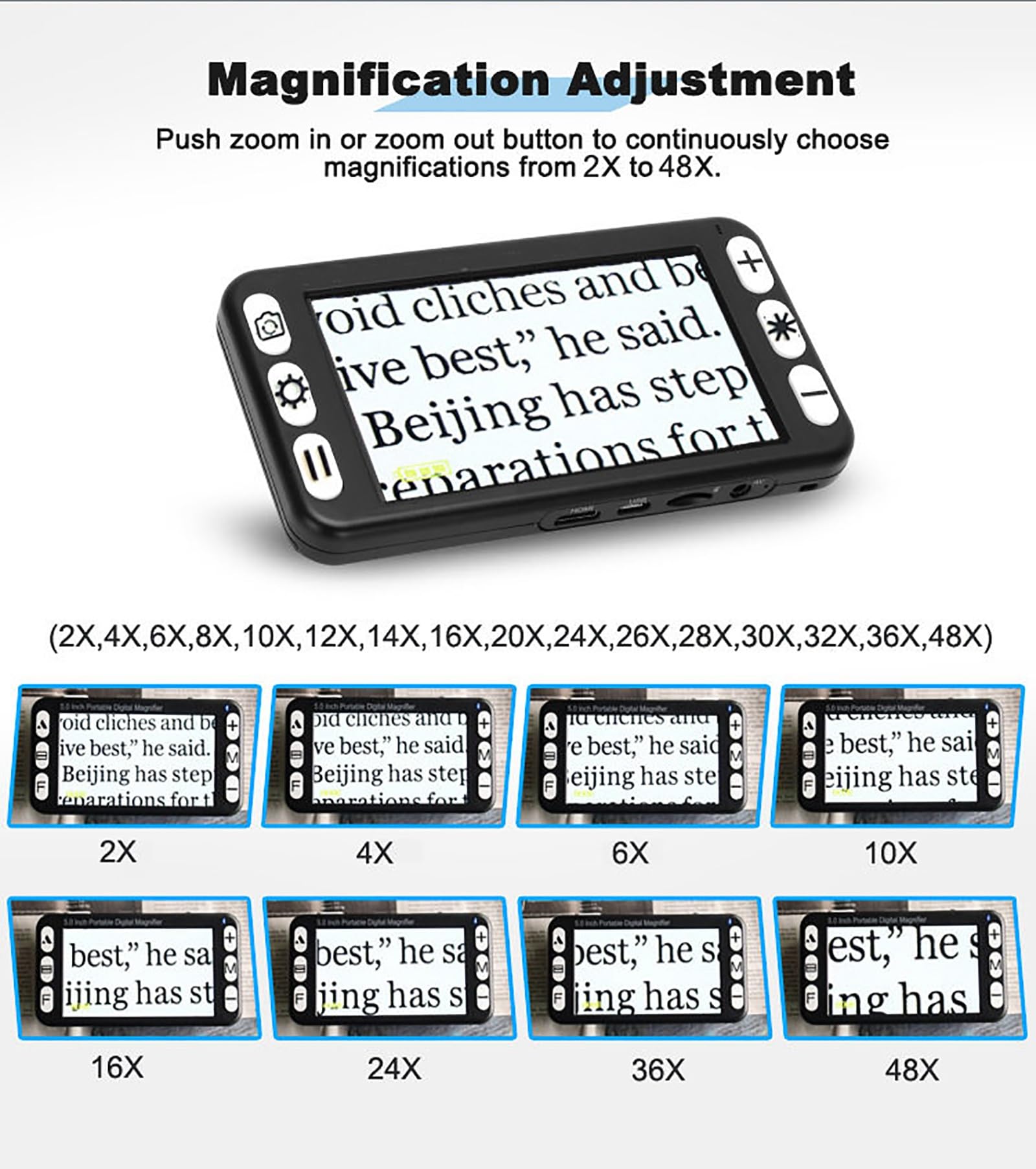 Lupa digital portátil de 5 pulgadas: lupa de video con zoom 2X-48X, 26 modos, recargable, instantánea congelada, tarjeta TF, ayuda de lectura