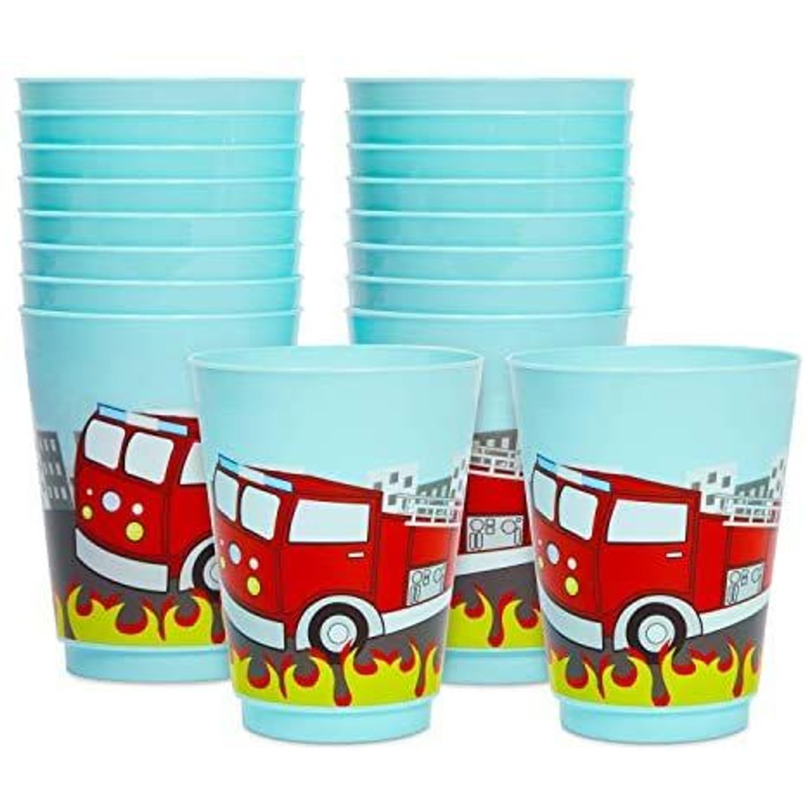 BLUE PANDA Plastic Fire Truck Cups for Kids - 16 Oz, Blue, Pack of 16 - Party Favor Cups for Fire Truck Theme, Reusable & Recyclable