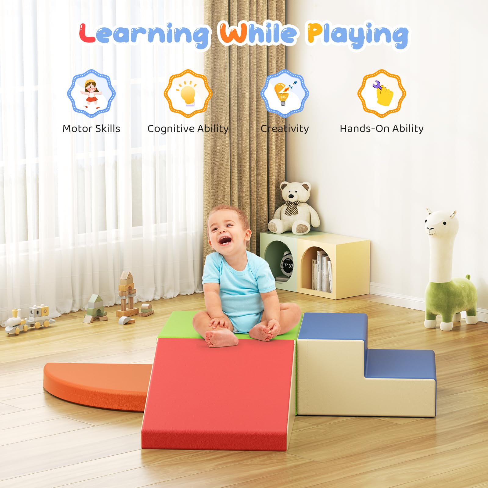 Blocs d’Escalade en Mousse colorés 4 pièces, Blocs Souples avec Fermetures Velcro, Jouet combinable pour Tout-Petits, intérieur et crèche