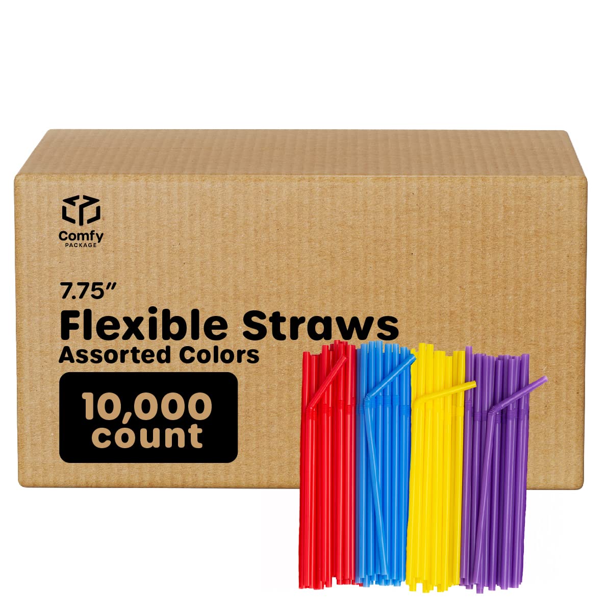 Comfy Package [Case of 10,000] Flexible Plastic Drinking Straws - Disposable Swizzle Sticks - 7.75"High - Assorted Colors