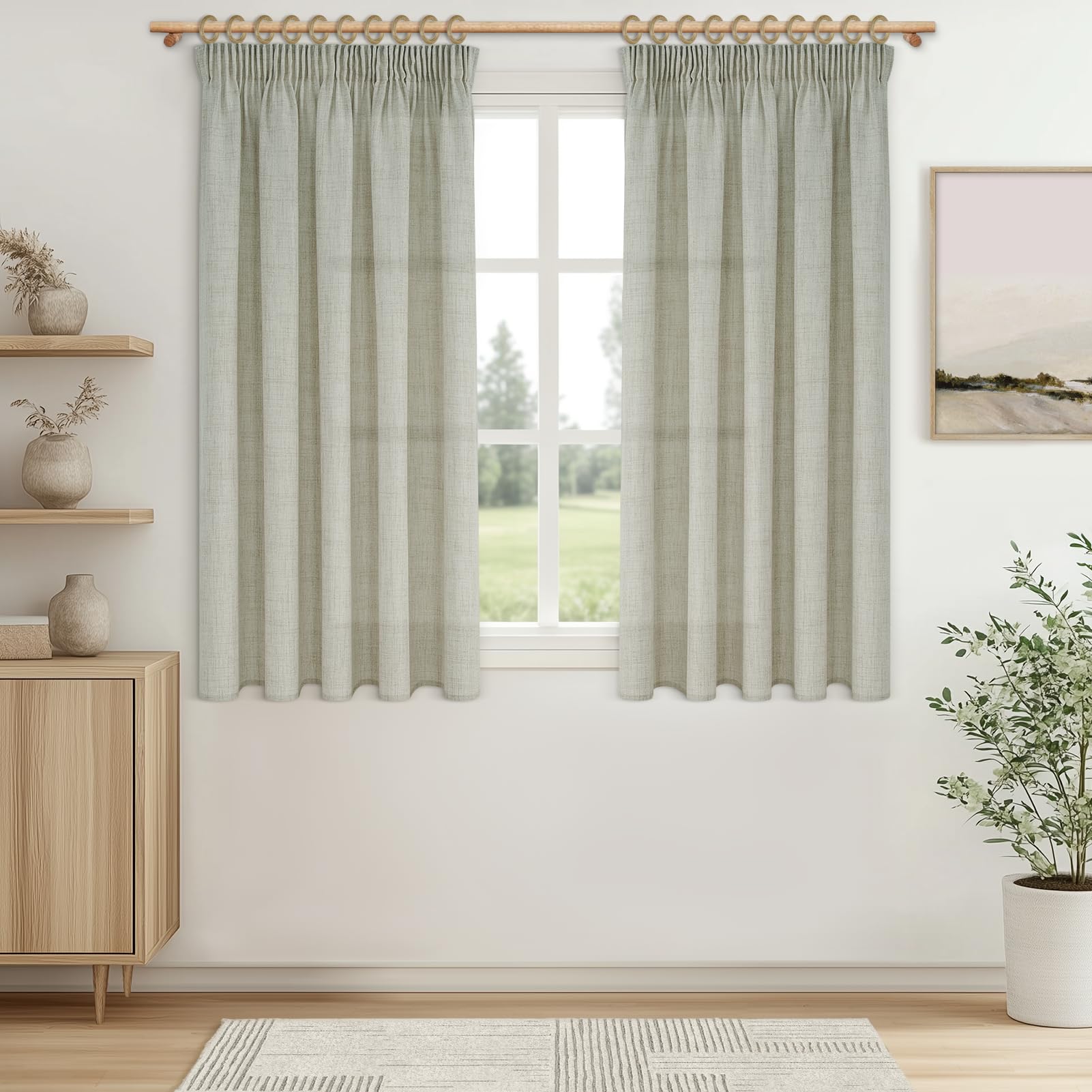 MRTREES Gardinen Halbtransparent Kurz Fenster Vorhang Leinenoptik mit Kräuselband 130 cm Lang 140 cm Breit, Vorhänge Leinen 2er Set für Küche Wohnzimmer Schlafzimmer Landhausstil