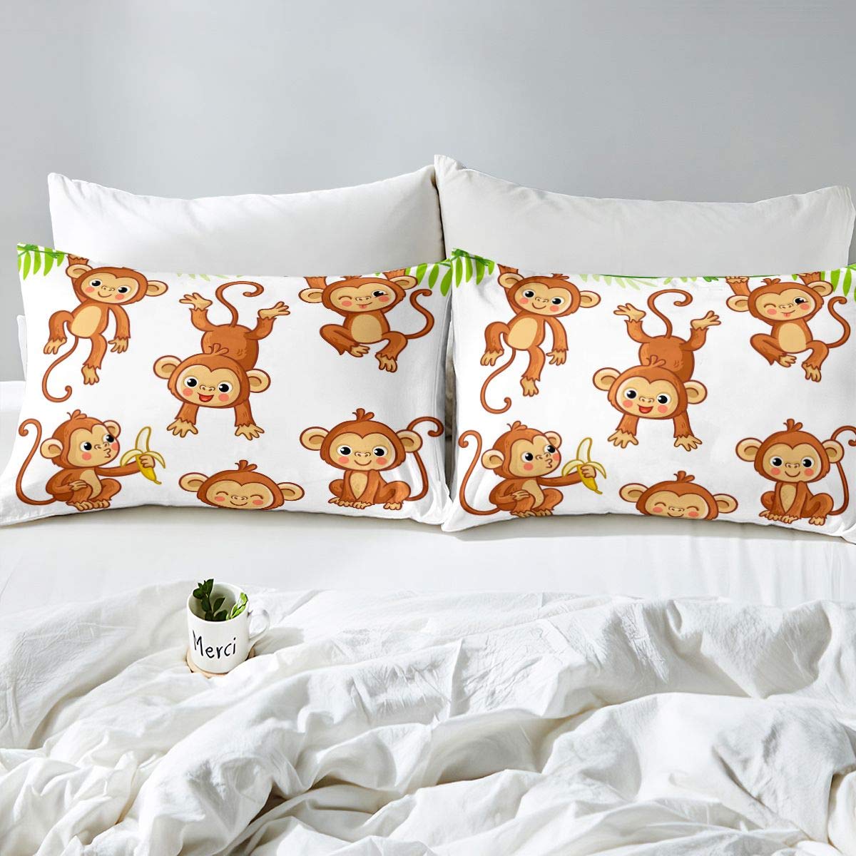Kids Cute Monkeys Bedding Set Cartoon Monkey Banana Decor Duvet Cover for Kids Boys Girls Wild Animal Pattern Comforter Cover Natural Wildlife Bedspread Bedroom 3Pcs King Size - Image 3
