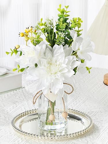 12.6’’ Real Touch White Dahlia Artificial Flowers in Vase with Faux Water | Faux Flowers with Vase, Silk Flower Arrangement with Hydrangea, Berries & Eucalyptus for Coffee Table Centerpiece Home Decor