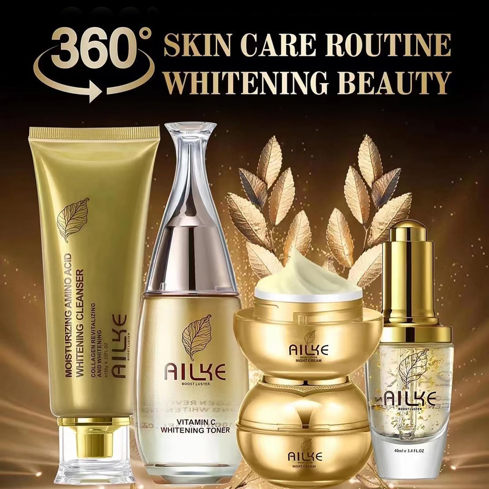 AILKE Collagen Whitening Face Care Kit, Clear Skin, Moisturize, Reduce Dark Spots, Melanin, Anti-Wrinkle, With Hyaluronic Acid, For All Skin Types, (Gift Set)