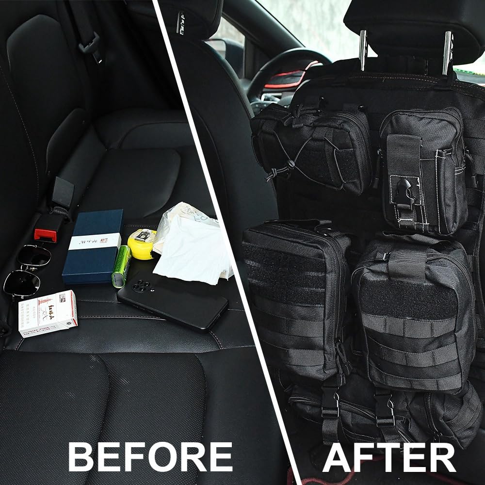 XhuangTech Organizer tattico per sedile auto, resistente, protezione posteriore con 5 tasche staccabili, organizer tattico universale per sedile anteriore e posteriore, per la maggior parte delle auto