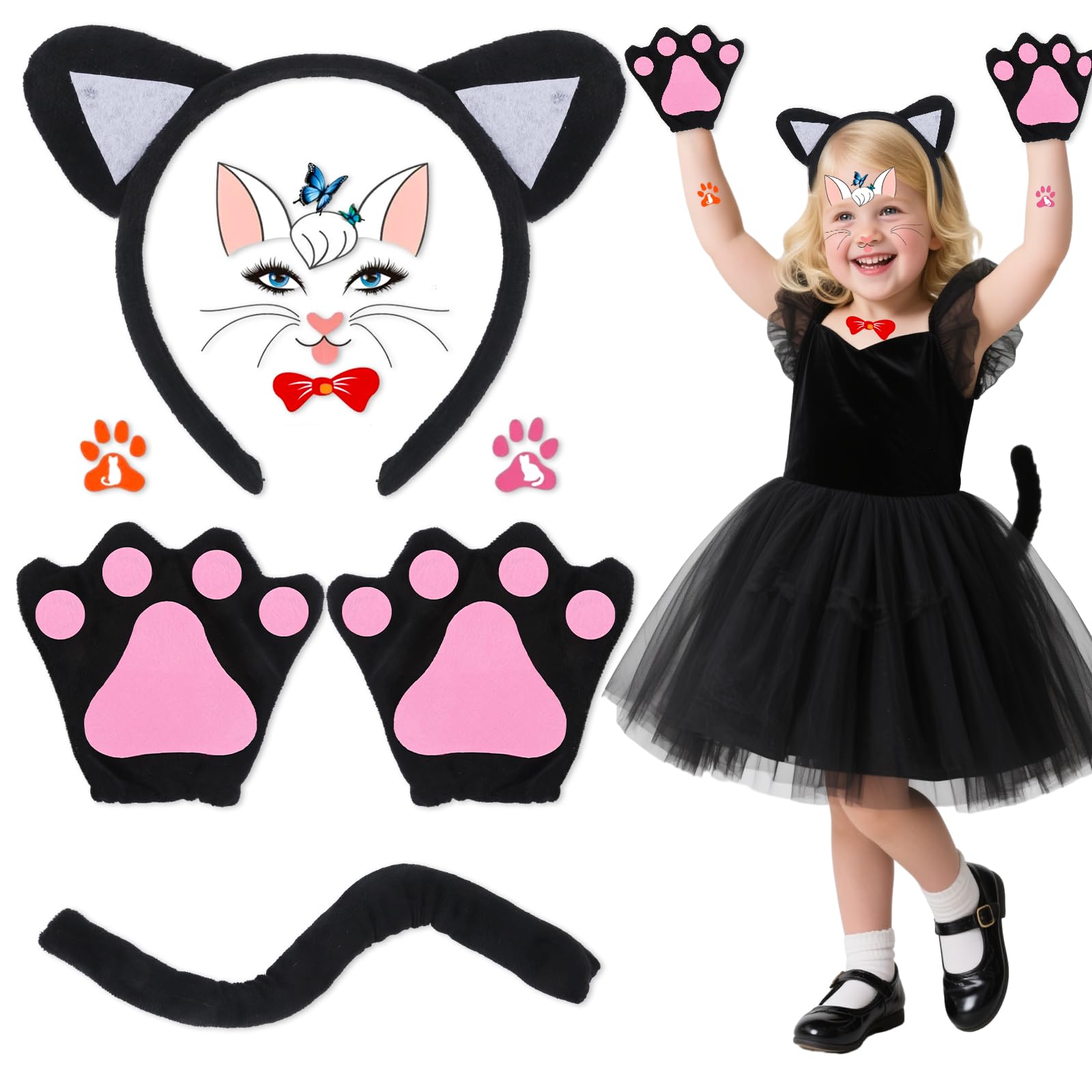 C4 Cat Costumes For Kids Adult, Cat Halloween Costume Cats Accessories Costume with Black Cat Ears Headband Tail Paws Gloves Face Sticker Animal Costumes Unisex Fancy Dress Up Carnival Cosplay Party