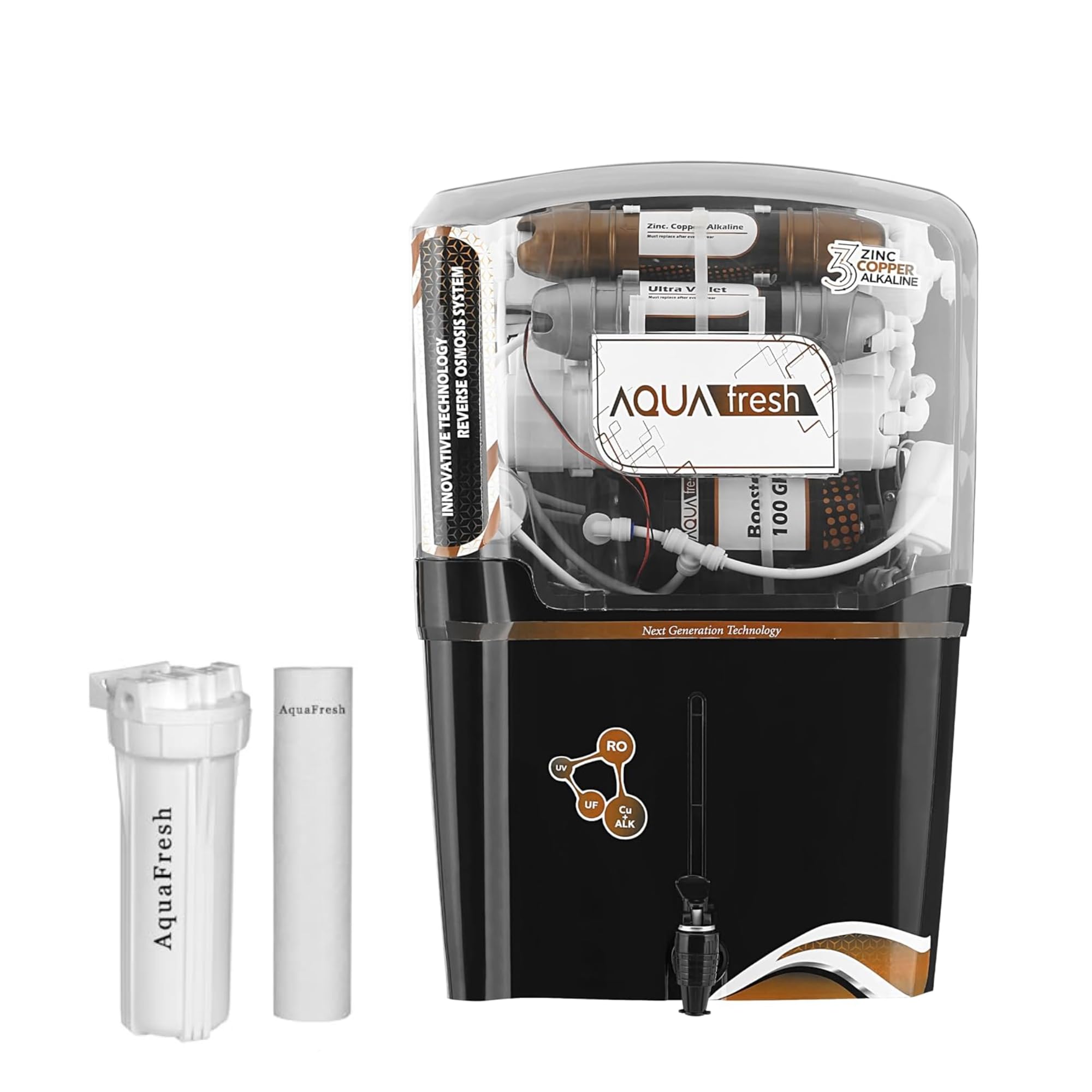 Aqua fresh RO Domestic Water Purifier - 15 LPH | RO + LED UV + ORC Copper + High TDS Membrane + TDS Control | Automatic | Ideal for Home & Office | 12 Liter Storage Capacity |Half black | 2500 TDS |