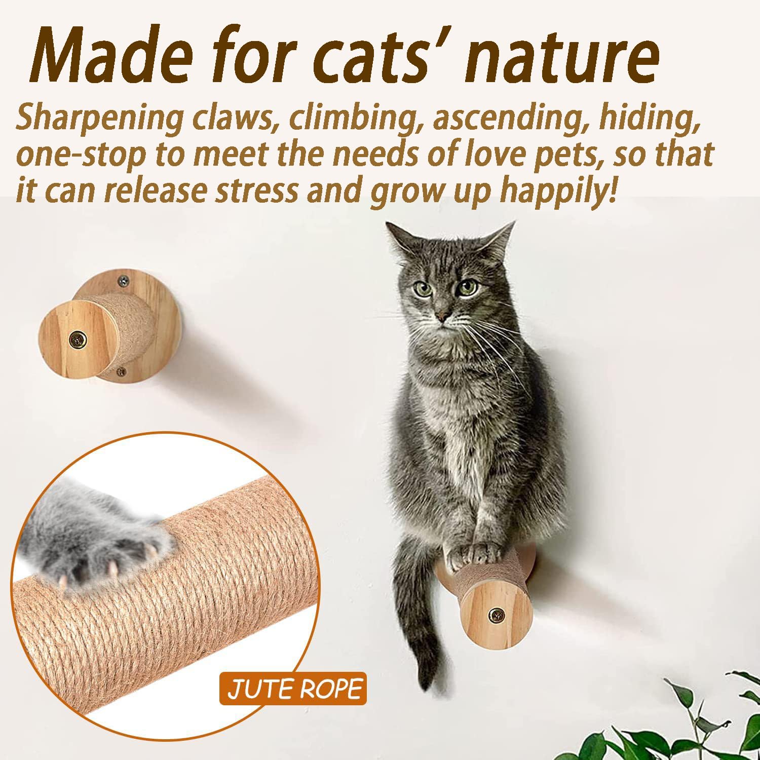 Parete Per Gatti Con Zona Notte, Amaca Legno Naturale, Tiragraffi Sisal - Ultra Stabile Per Gattini (3 Pcs)