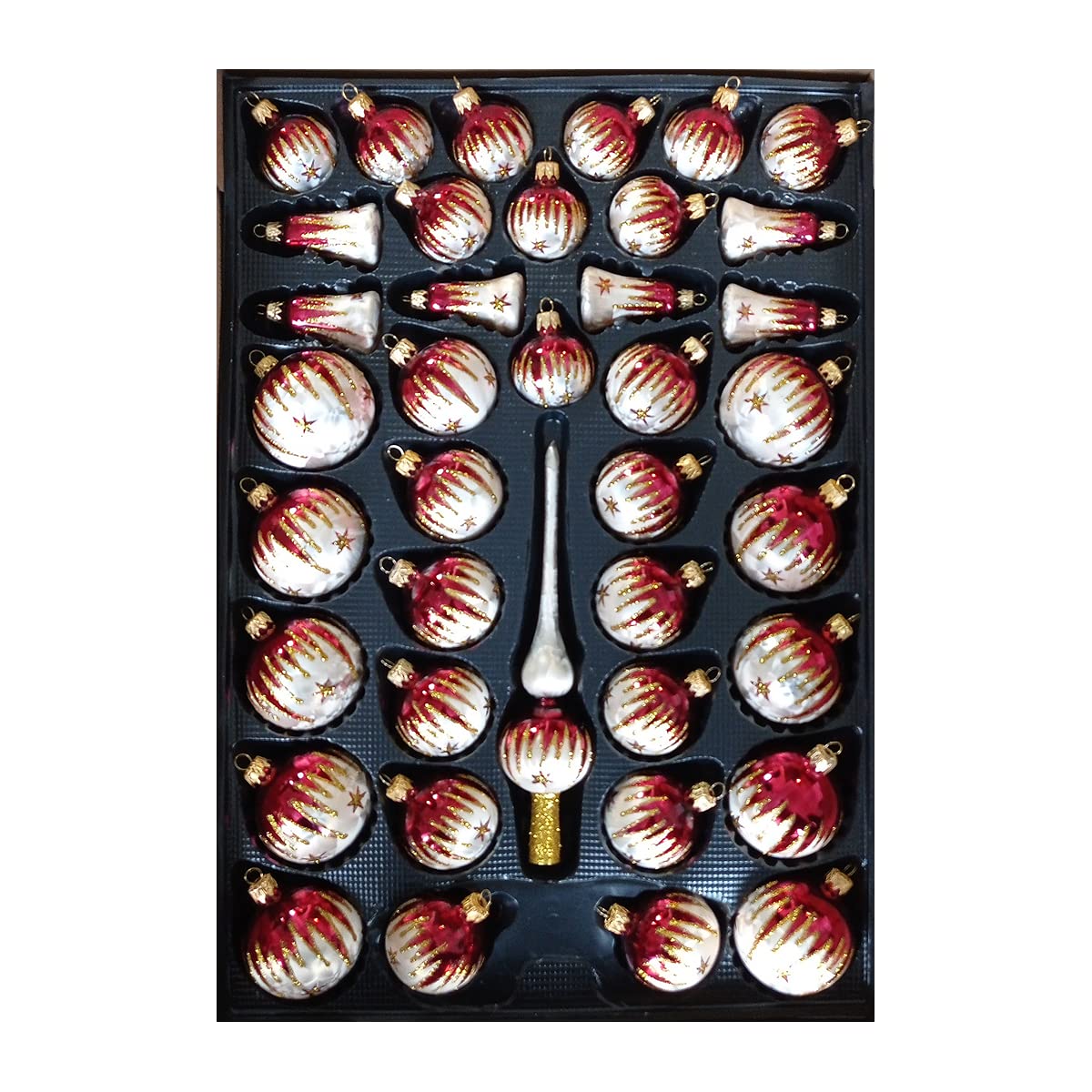 Christbaumschmuck 40-TLG.Set in Bordeaux -Rot und Eislack-Gold bemalt, Lauscha, Exclusiv