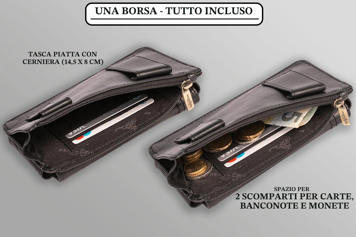 MATADOR #BRISBANE Custodia Cellulare 2in1 Pelle Nero Nappa Velcro | Tasca con Zip, Nobile Confezione Regalo e RFID, Elegante Portacellulare per Smartphone fino a 6,1 Pollici