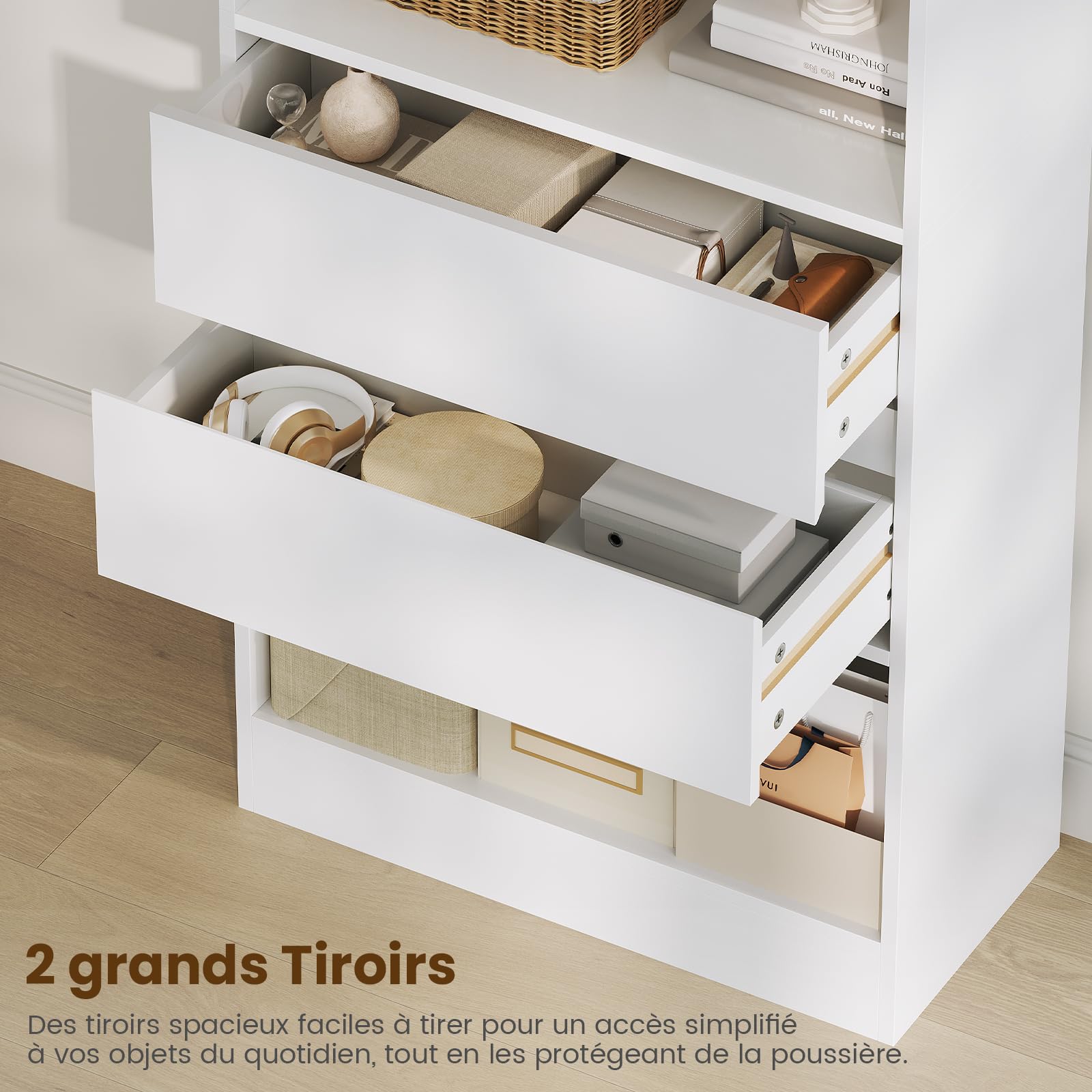 Bibliothèque, Meuble de Rangement avec 2 Grands Tiroirs et 4 Compartiments, Colonne Polyvalente avec Étagère Réglable, pour Salle de Bain, Salon, Cuisine,Facile à nettoyer, 180x60x24 CM,Blanc