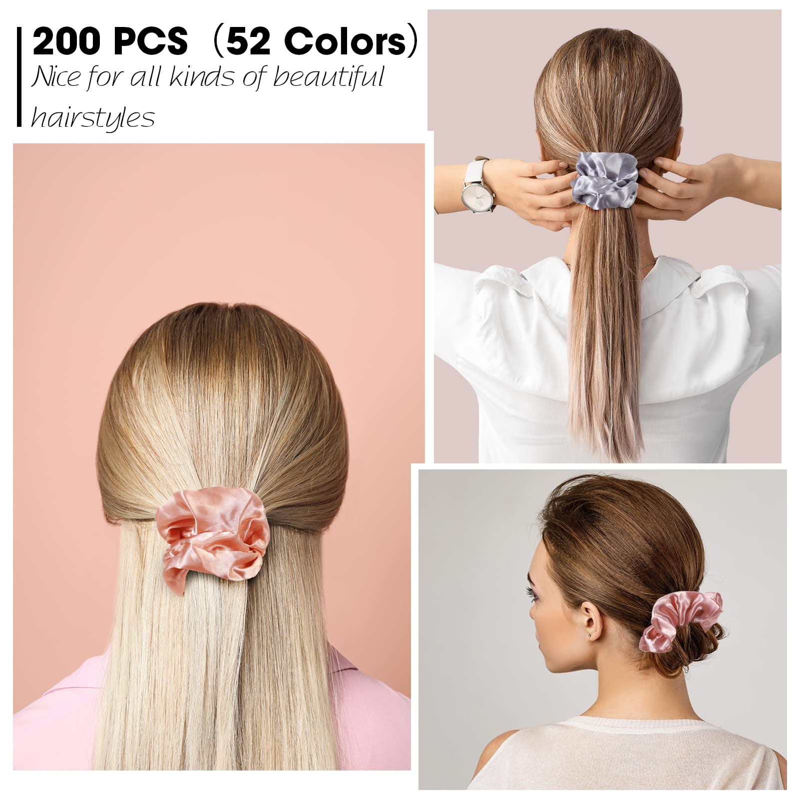 200 coleteros de satén a granel para coleta de caballo, bandas elásticas para el cabello, accesorios para el cabello para mujeres y niñas, regalo de cumpleaños del día de San Valentín, 52 colores