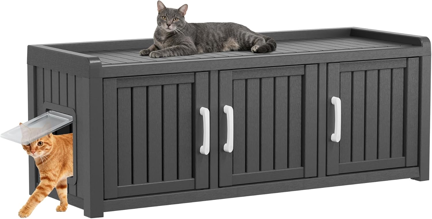 Cat Litter Box Enclosure, Feral Outdoor Cat Enclosure Weatherproof for Winter Outside, Litter Box Furniture Fit Litter Box, Sturdy Resin Shelter for Living Room, Easy to Assemble, Grey
