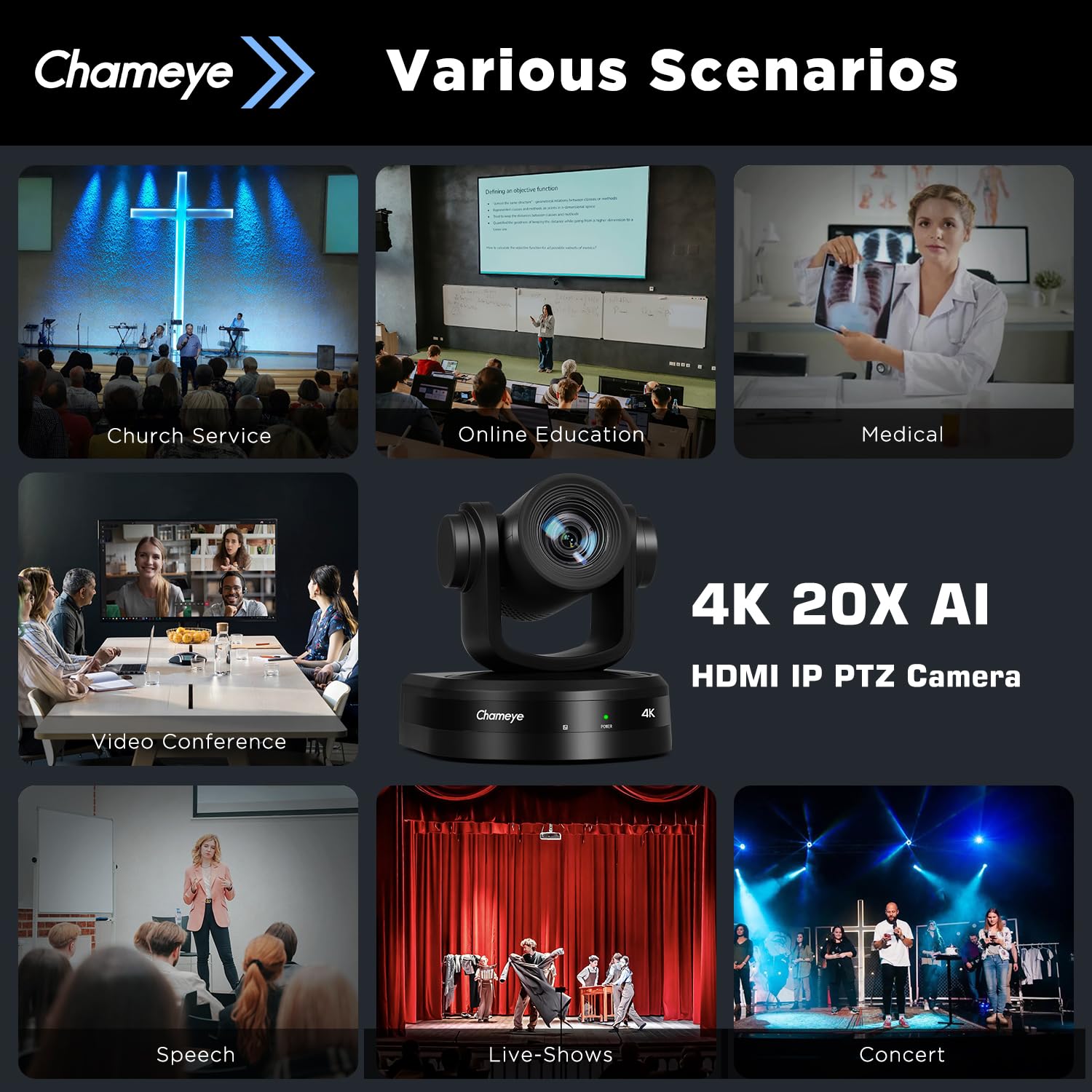 Chameye Telecamera 4K PTZ con 20x Zoom Ottico AI Tracciamento USB3.0/HDMI/LAN(PoE), Registrazione della scheda TF, Telecamera per Conferenze e Streaming in Chiesa Funziona YouTube/OBS (CH420)