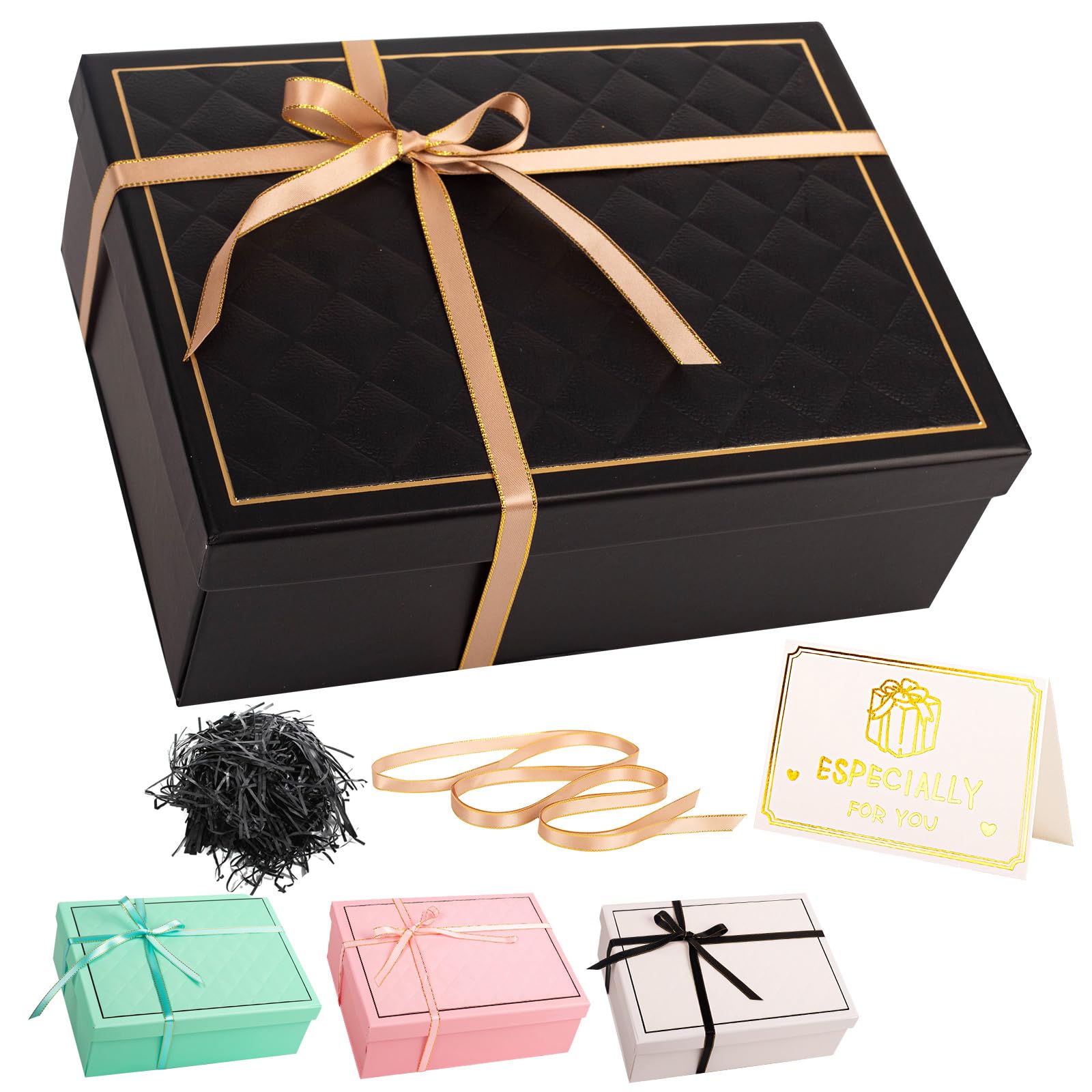 Luxury Black Gift Box with Lid 25x18x9cm Medium/Large Empty Gift Boxes for Presents, Gift Box for Birthday Valentines Day Christmas Wedding Bridal Present Box with Ribbon Her Women Men