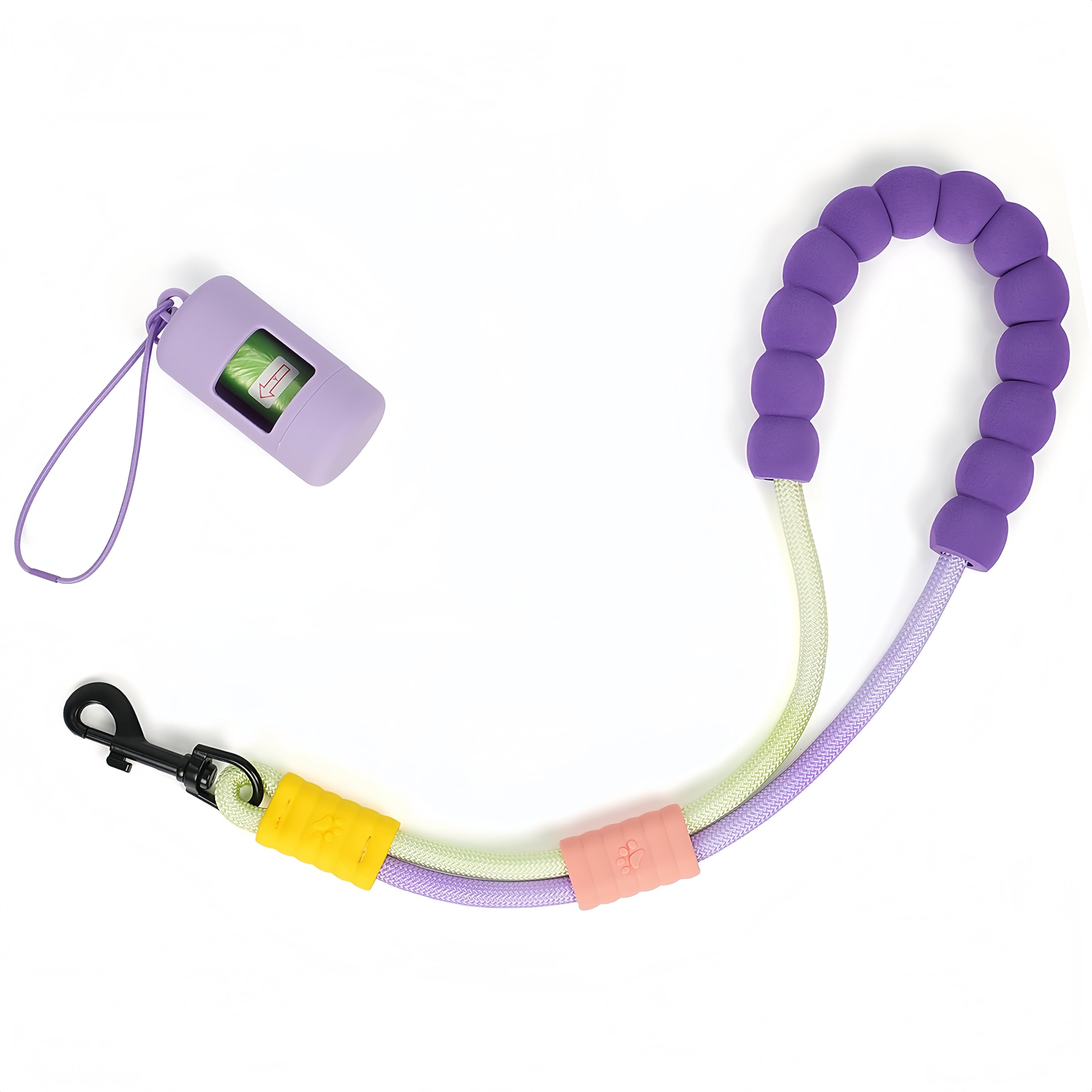 Kurze Hundeleine mit Kotbeutelspender, 45,7 cm, gepolsterter Griff und Drehclip für mittelgroße und große Hunde, Training, Walking, Joggen (Violett-Grün)