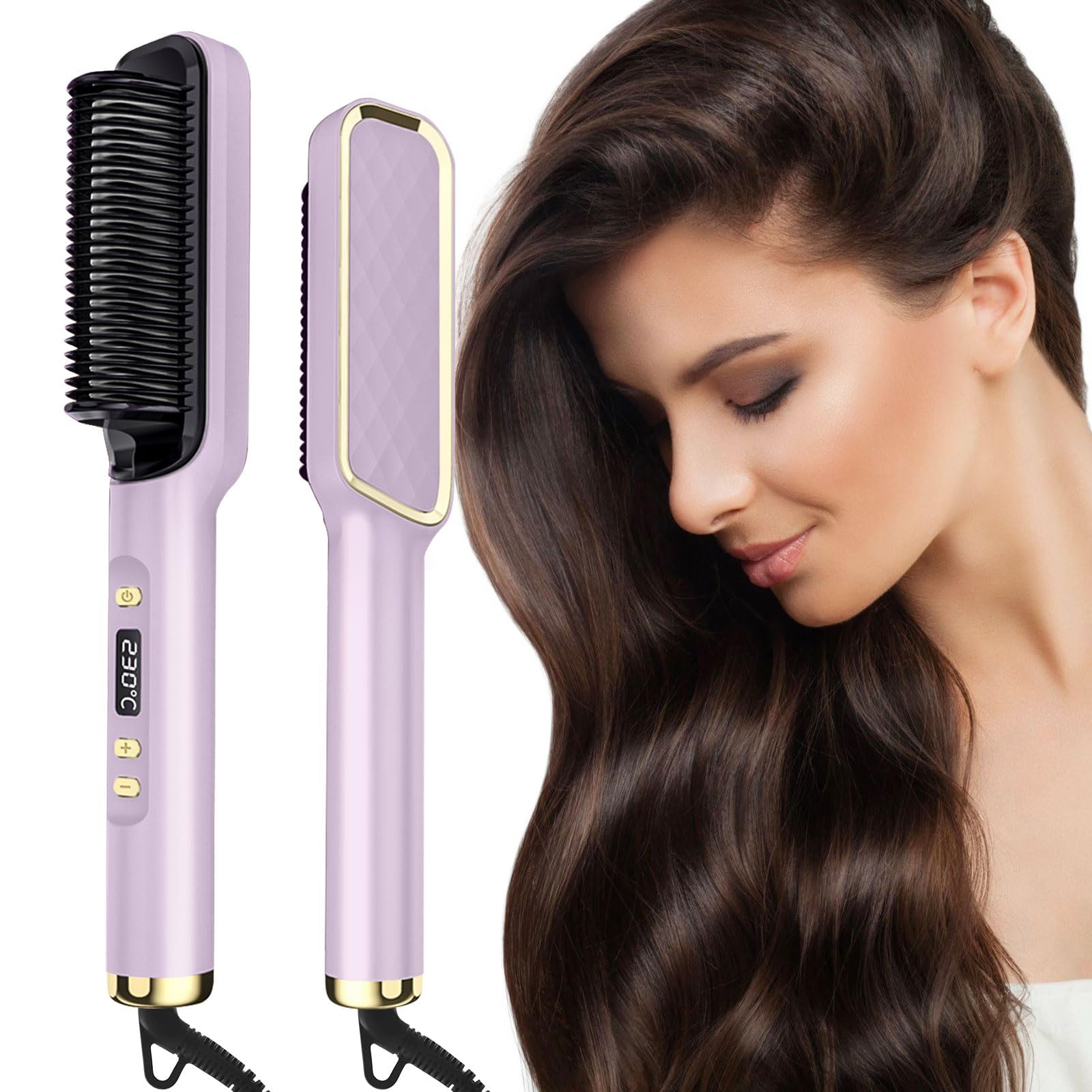 Anion Hair Straightener Brush, Fast Heating Straightener Comb w/LCD Screen, 80-230°C Adjustable Temperature, Anti-Scald Auto Temperature Lock & Off for Professional Hair Salon at Home, Violet