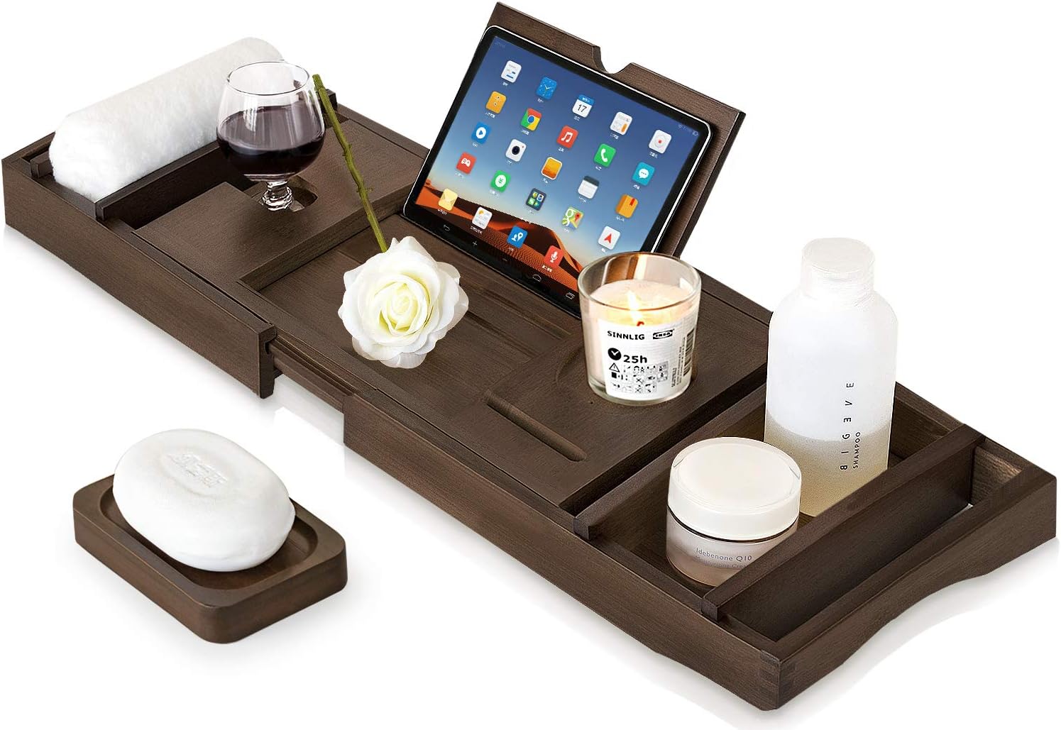 eletecproBamboo Adjustable Bath Tray 75-110 cm Bath Tray with Books or Tablets Holder 2 x Towel Boxes, 1 x Soap Holder, Tray for Bathing Organiser (Brown)