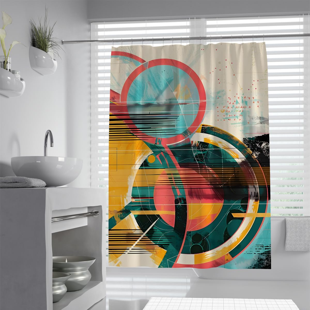 UIRINGART Bathroom Screen with Hooks W120xL180cm Water Repellent Anti Mould Washable Polyester Fabric Shower Curtains Modern Retro Geometric Circles Abstract Art Pattern Resort Decor