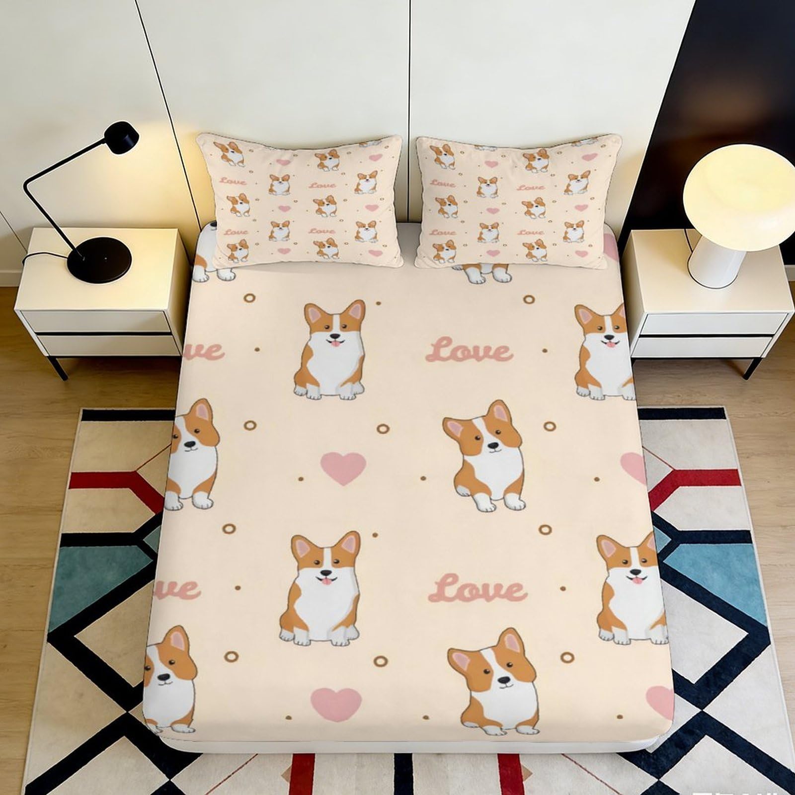 3D Printed Corgi Love Fitted Sheet Microfiber Non-Slip Cute Dog Bed Sheet for Bedroom Dorm Mattress Cover Decor 180x200x25cm