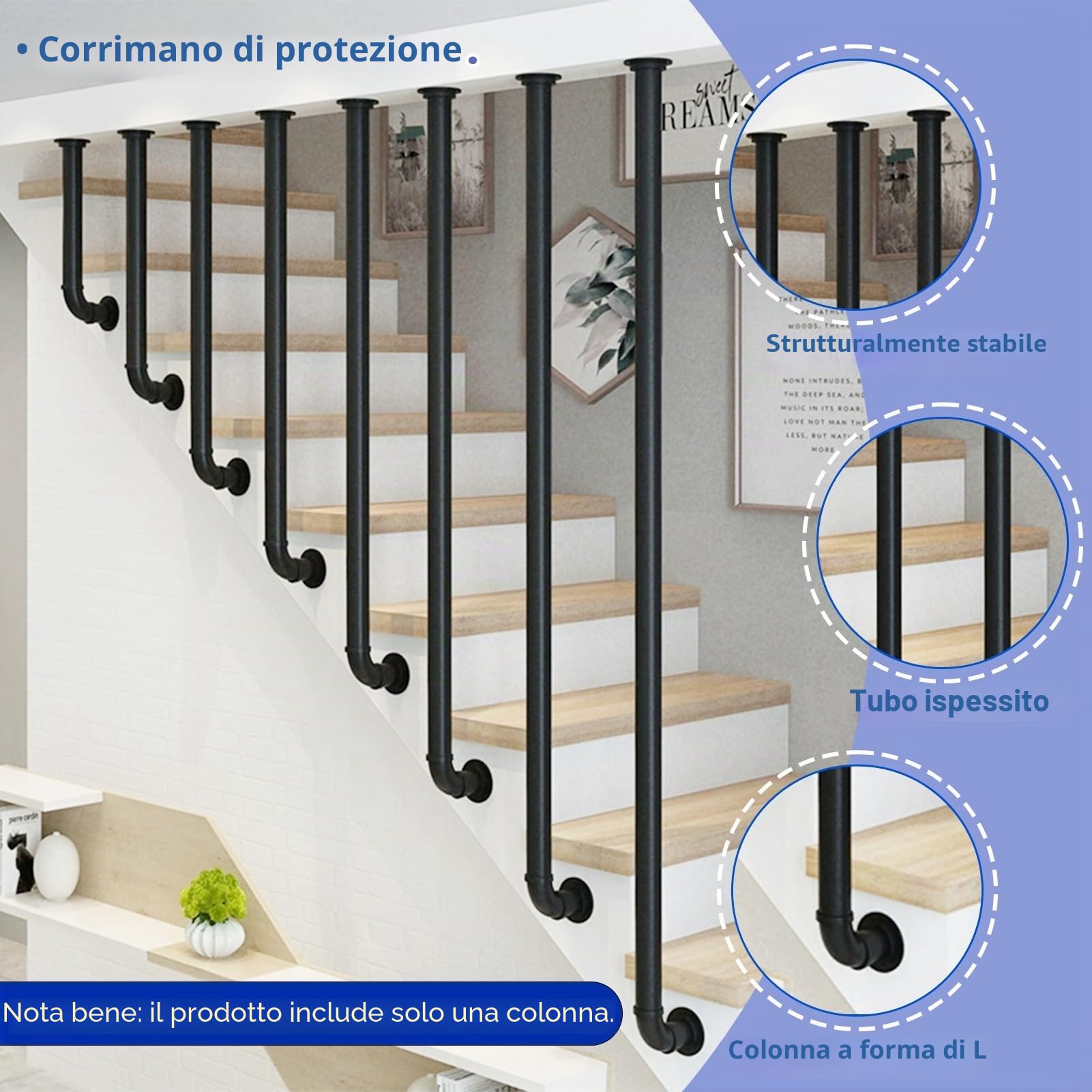 MARXAN Balaustra per gradini montata lateralmente, ringhiera in Tubo di Ferro Industriale Nero, corrimano per balaustra per Scale per Interni, soppalchi, gradini, Scale per terrazze(40cm)