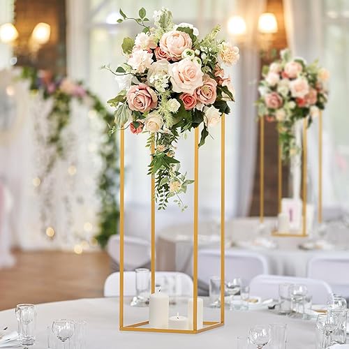 Miniatura 6 de 4 piezas de soporte de flores doradas de metal con columna geométrica para mesas de 31.5 pulgadas de alto, estante rectangular dorado para