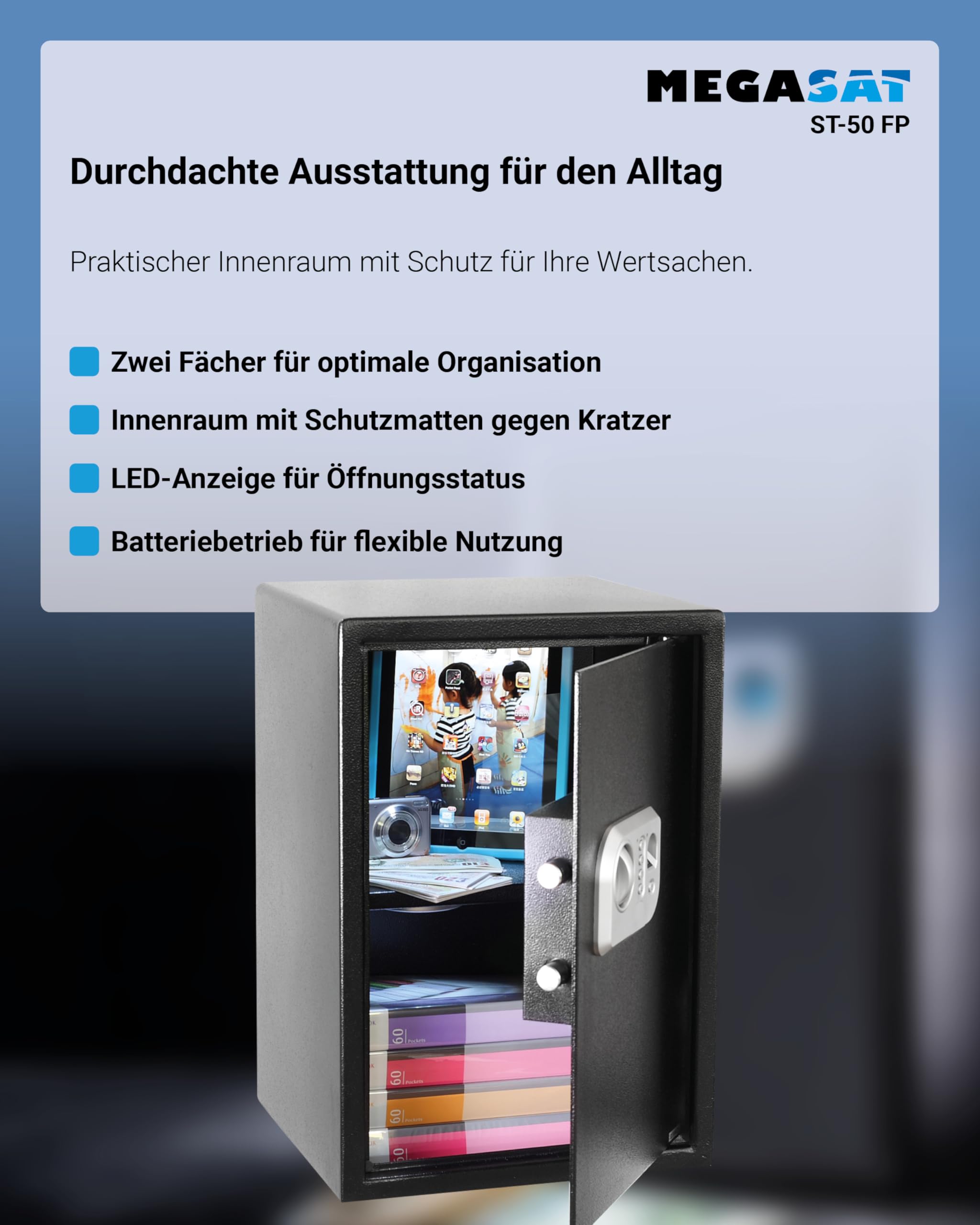 Megasat ST-50 FP – Tresor mit Fingerprint, Volumen 42,5 l – Schwarz
