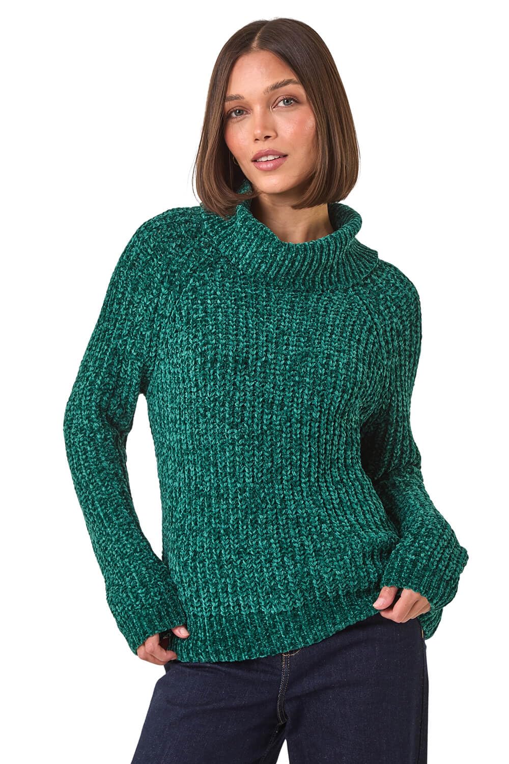 Roman Originals Women's Green Roman Cowl Neck Chenille Knit Jumper For Uk - Autumn Everyday Winter Holiday Long Sleeve Soft Warm Feel Comfy Chunky Top Office Desk Sweaters - Size 14