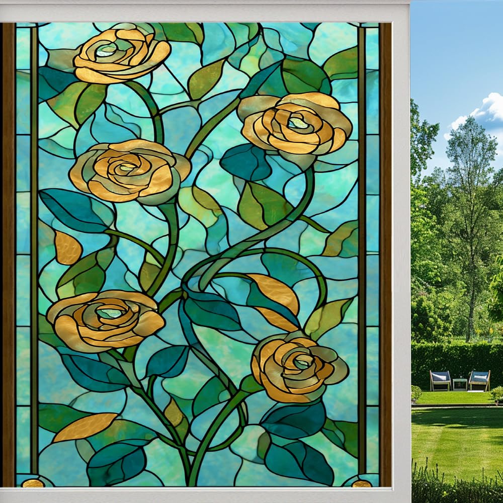 Pmlbaous Branch Roses Frosted Window Film, Colorful Flowers Plant Stained Glass Privacy Film, Heat Insulation Self-Adhesive Vinyl For Bathroom Office, （40X90cm）