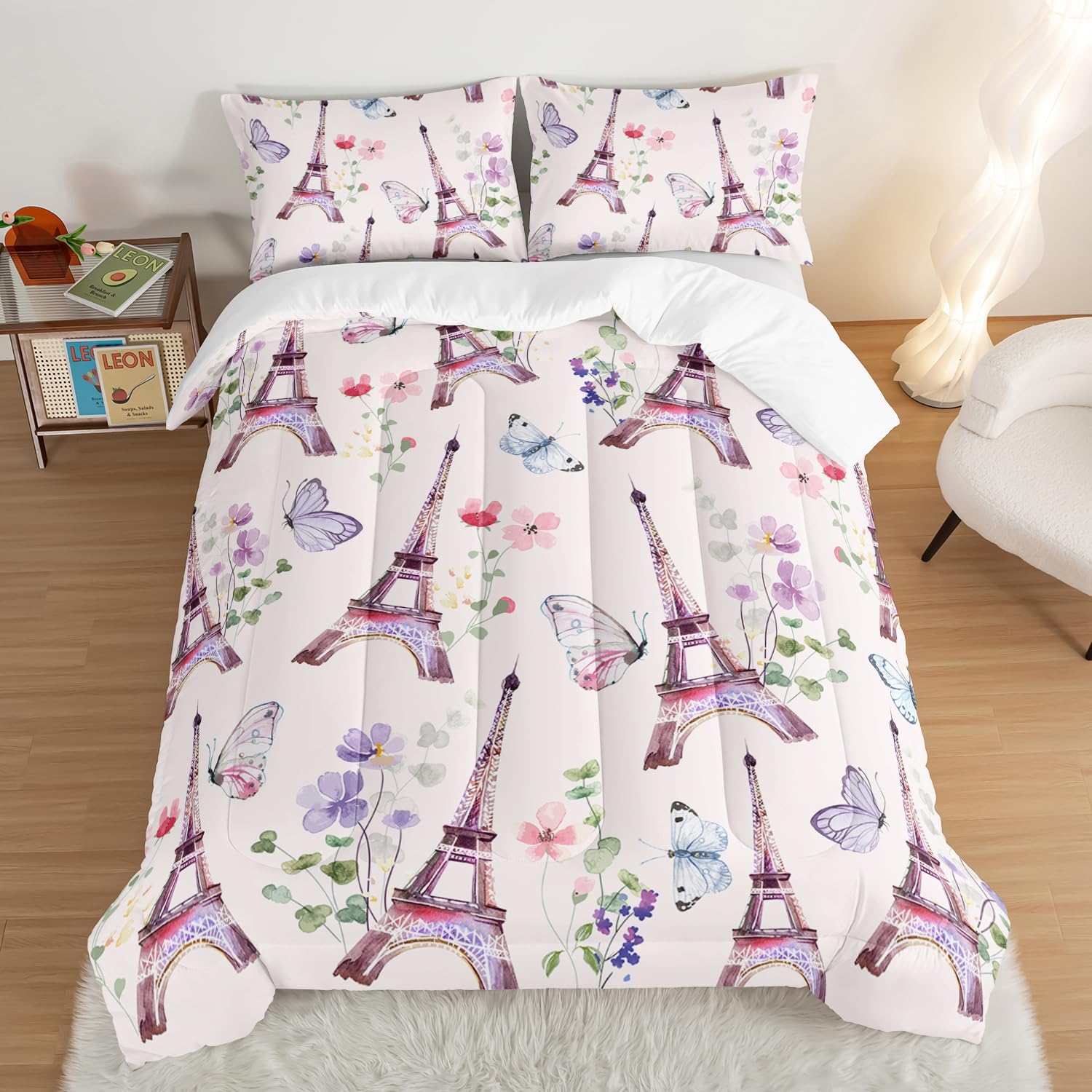 HOSIMA French Bedding Eiffel Tower Comforter with 2 Pillowcases,Butterfly Floral Comforter Romantic Paris Themed Bedroom Decor Bed in a Bag Queen Comforter Set for Women Teen Girls.