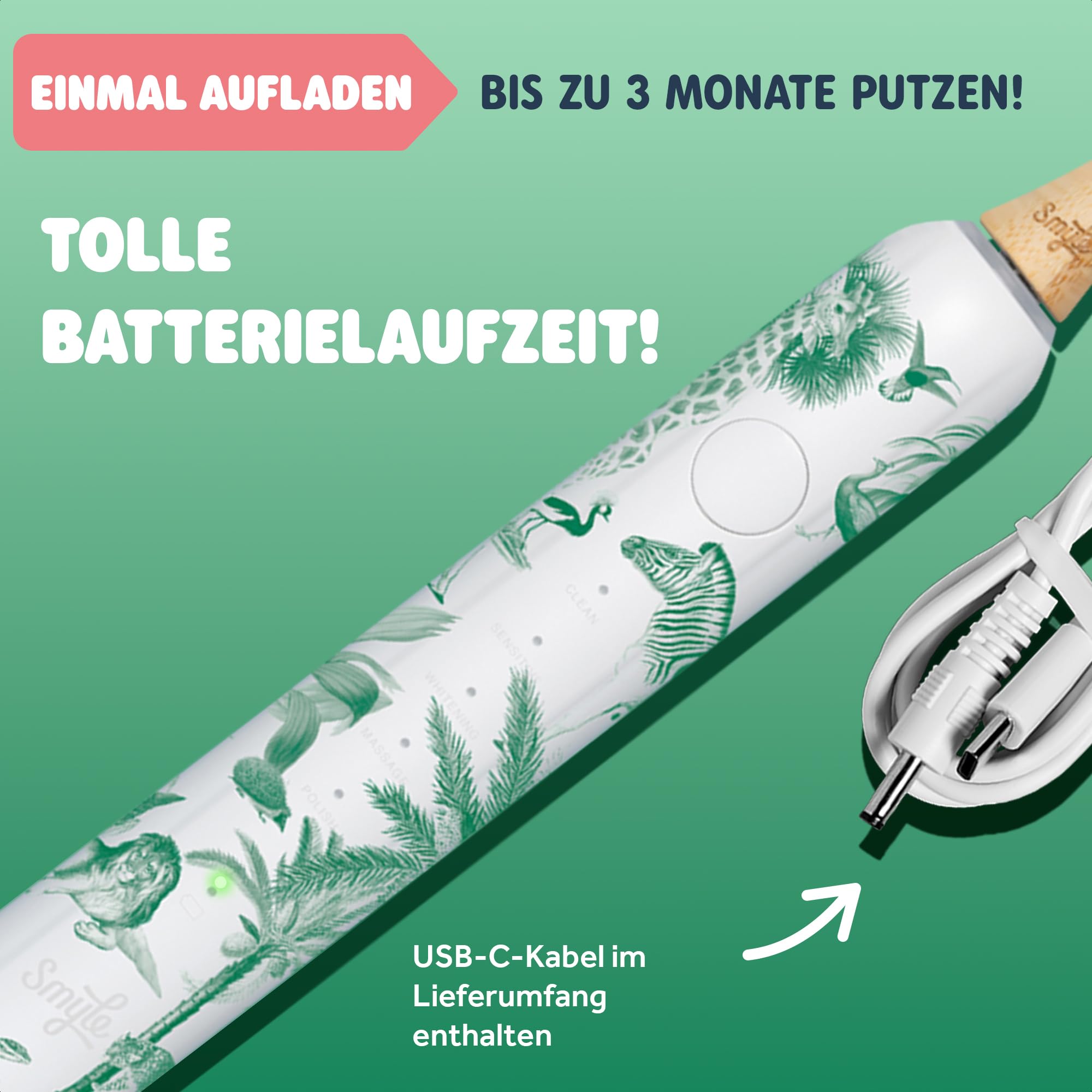 Smyle Zahnbürste - Schallzahnbürste mit Sensor – 3 Monate Akkulaufzeit, USB-C-Ladegerät, intelligenter Timer, 5 Putzmodi, wasserdicht – Elektrische Zahnbürste – Jungle-print