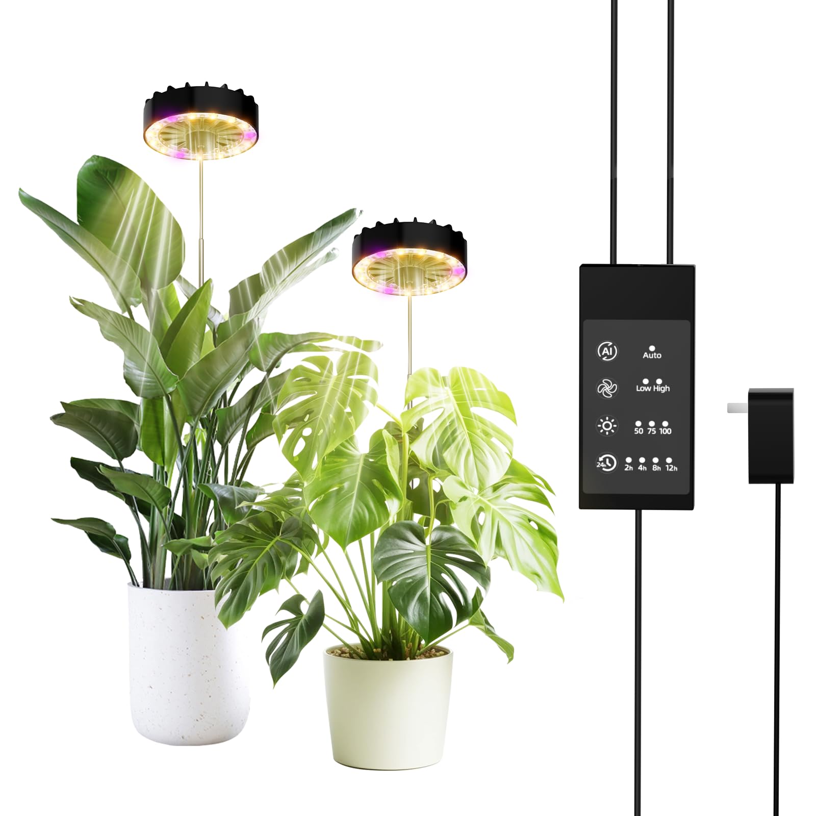 Halo Grow Lights para plantas de interior, 40 pulgadas de altura ajustable con ventilador, luces LED de espectro completo para cultivo en interiores con temporizador y 3 niveles ajustables para
