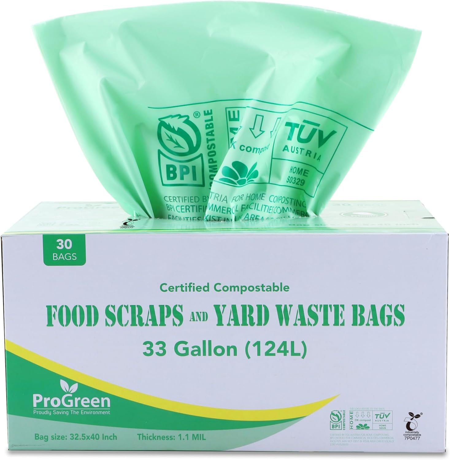 Compostable Bags 33 Gallon, Extra Extra Thick 1.1 Mil, 30 Count, Extra Large Lawn And Leaf Trash Bags ASTM D6400 BPI, VINCOTTE and TÜV AUSTRIA Certified (30)