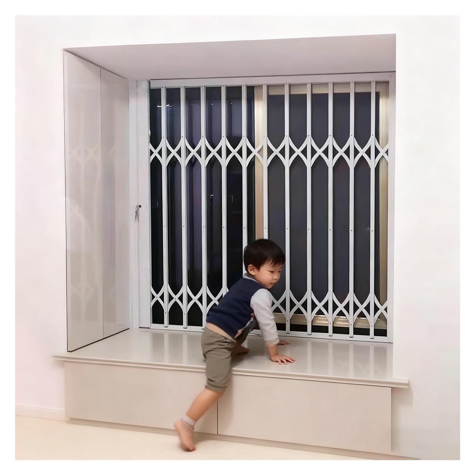 PEYNIR Fenstergitter Einbruchschutz Weißes, vertikal klappbares Fenstergitter, Tragbares Fensterschutzgitter für Haustiere mit Schloss und Schlüssel, Kinderzimmer/Schlafsaal(W110xH150cm/44x59in)