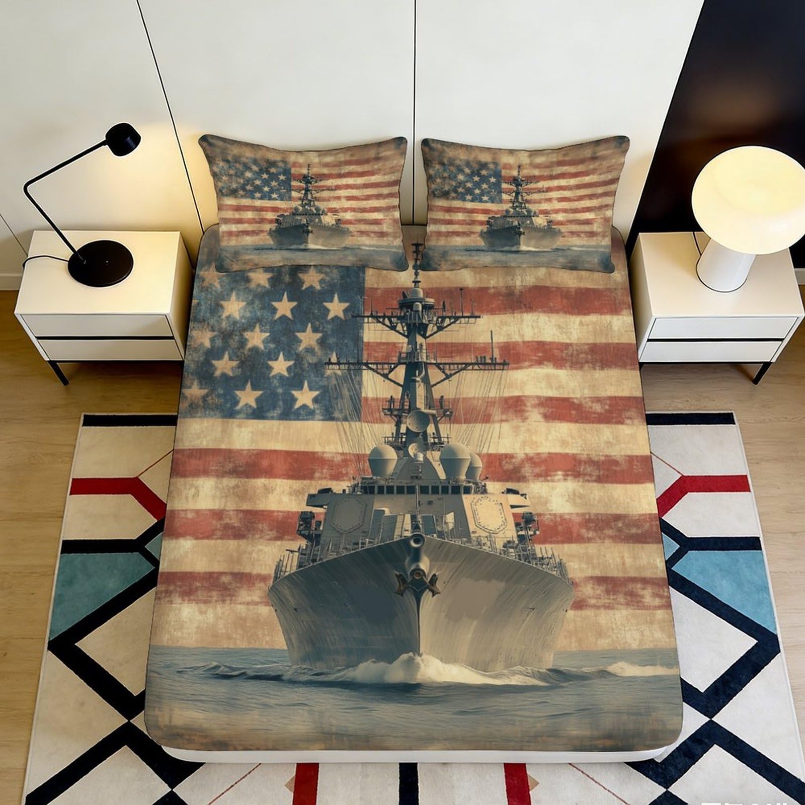 Pnayamiorkfel Style-4 3D Printed American Flag Battleship Fitted Sheet Microfiber Soft Bed Cover For Bedroom Guest Room Decor Protection 90X200x25cm