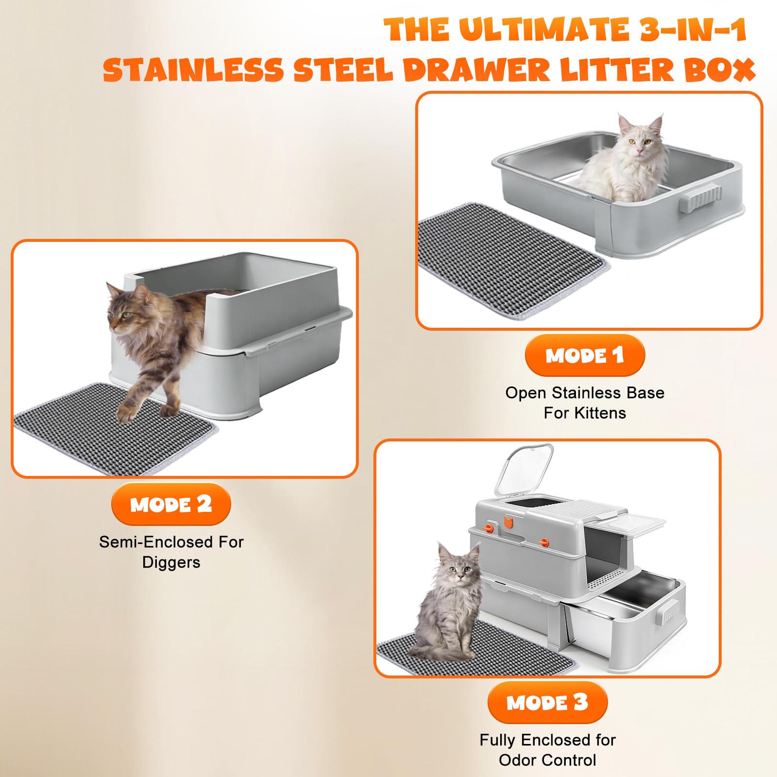 Homegroove Geschlossener Edelstahl-Katzenklo mit Schublade, XL Große Metall-Katzentoilette mit Deckel für Wohnungskatzen, Metall-Abdeckkasten mit Schaufel & Pedal (Hellgrau)