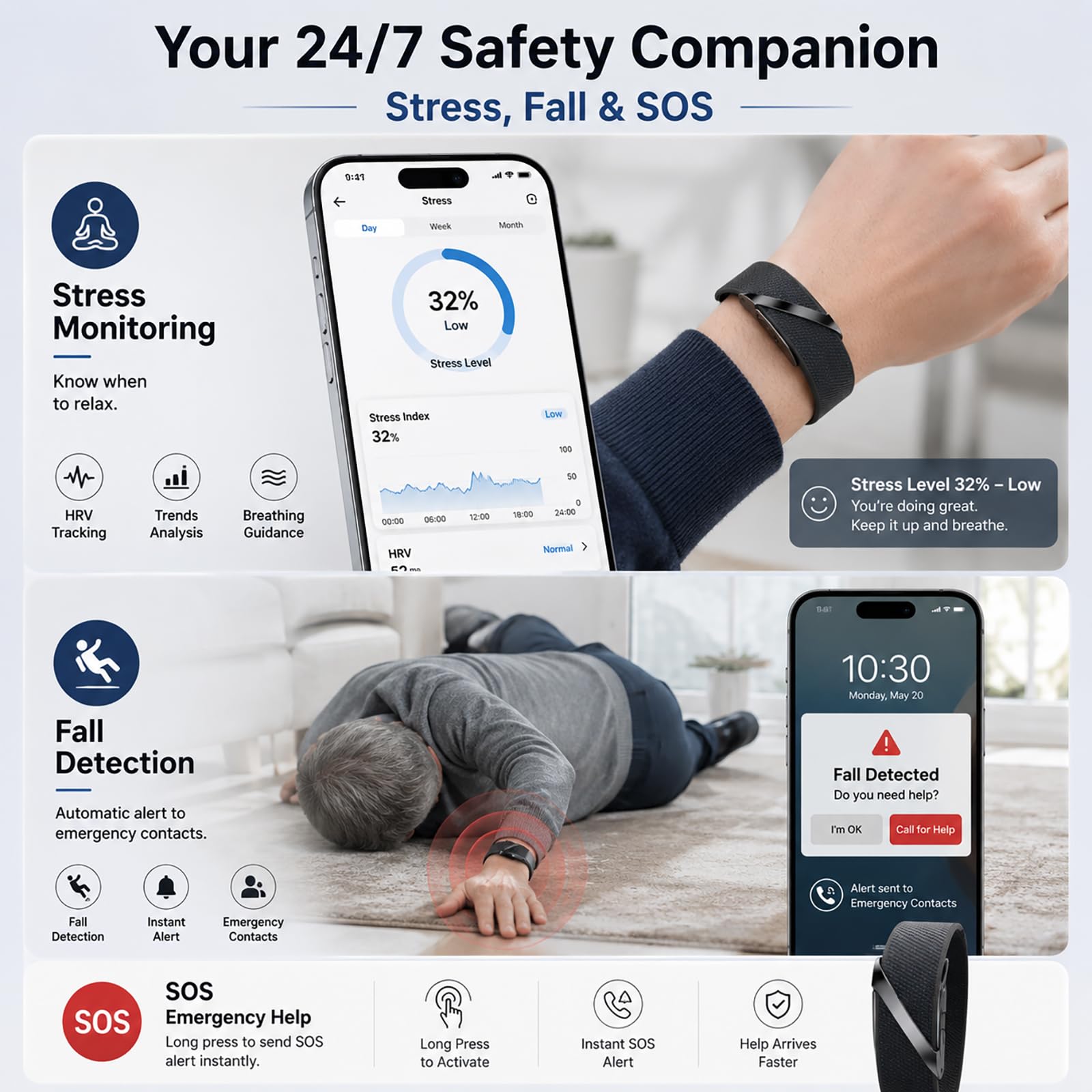 Health Fitness Tracker Smart Band Wearable Activity Tracker AI Sleep 24/7 Heart Rate Monitor Multi-Sport Tracking Screenless SOS & Fall Detection Impermeabile e Lunga Durata della Batteria per Uomini