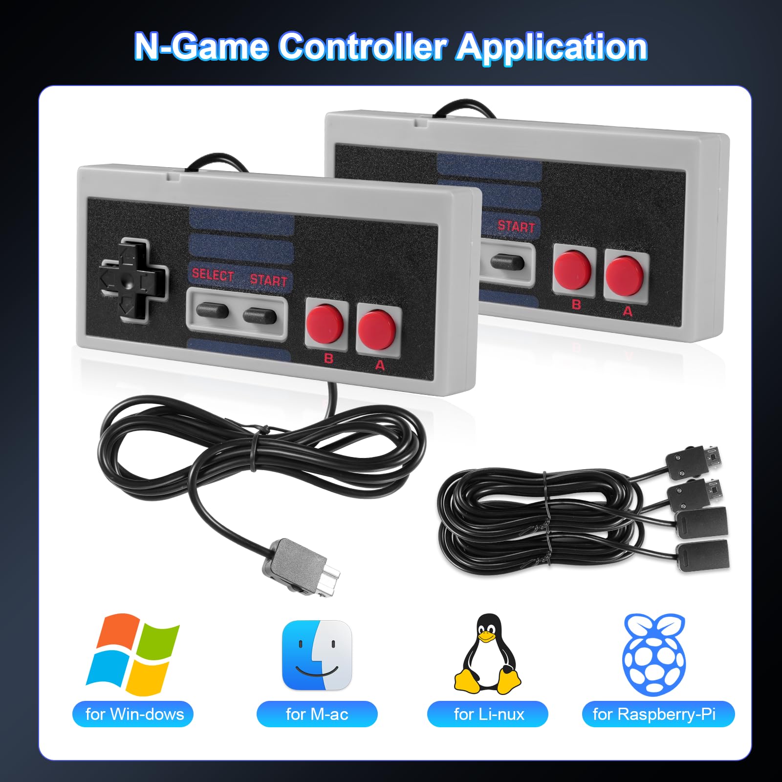 Binghe NES Game Controller, Mini Classic Edition Controller con NES Interfaz y 3M Cable Alargador Compatible con Nintendo NES/PC/M-A-C/Raspberry Pi 3(2 Piezas)