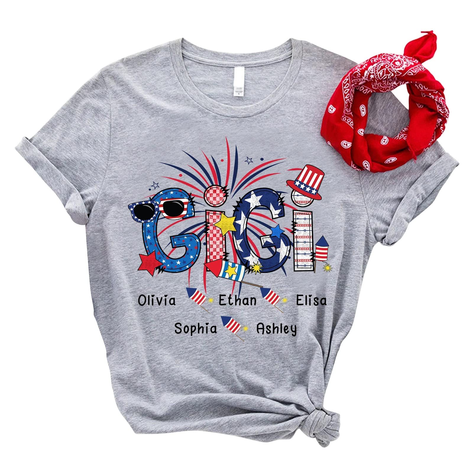 Personalized Patriotic Doodle 4th of July Gigi and Grandkid Shirt, Gigi Shirt for Women - Long Sleeve - Sweatshirt for Independence Day, Custom 4th of