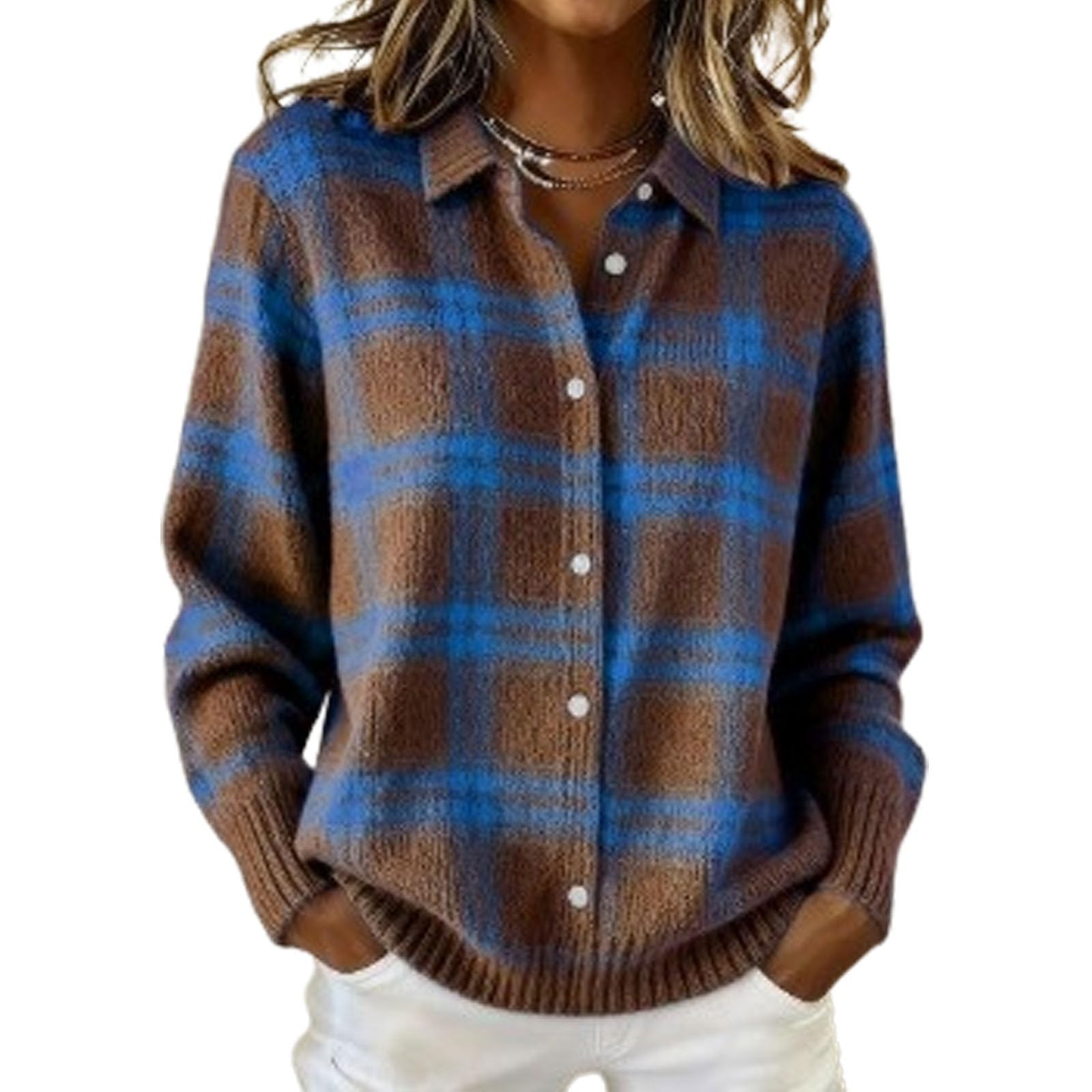 Womens Plaid Print Casual Cotton Buttoned Cardigan Tops Plaid Knitted Cropped Cardigan Hoodies