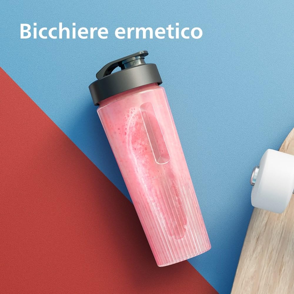 Philips Blend & Go Serie 3000 Mini Frullatore per frullati - 350W, Bicchiere 0,6L, Lame Rimovibili a 4 Stelle, 2 Velocità, Lavabile in Lavastoviglie, ProBlend, Compatto, Argento (HR2671/00)