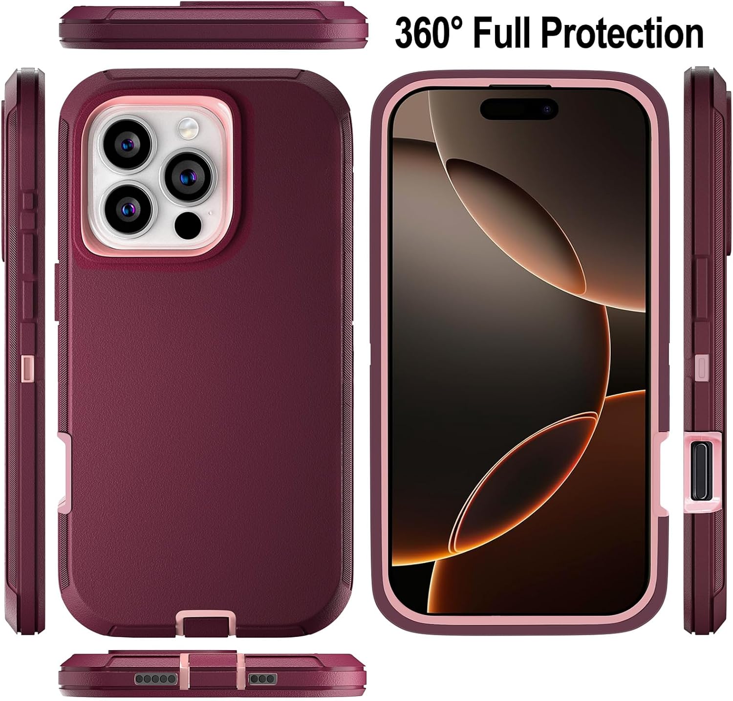 for iPhone 16 Pro Case 6.3" with 2 Screen Protector & 2 Camera Lens Protector, Full Body Protection Heavy Duty Case Cover (Wine Pink) - Image 5
