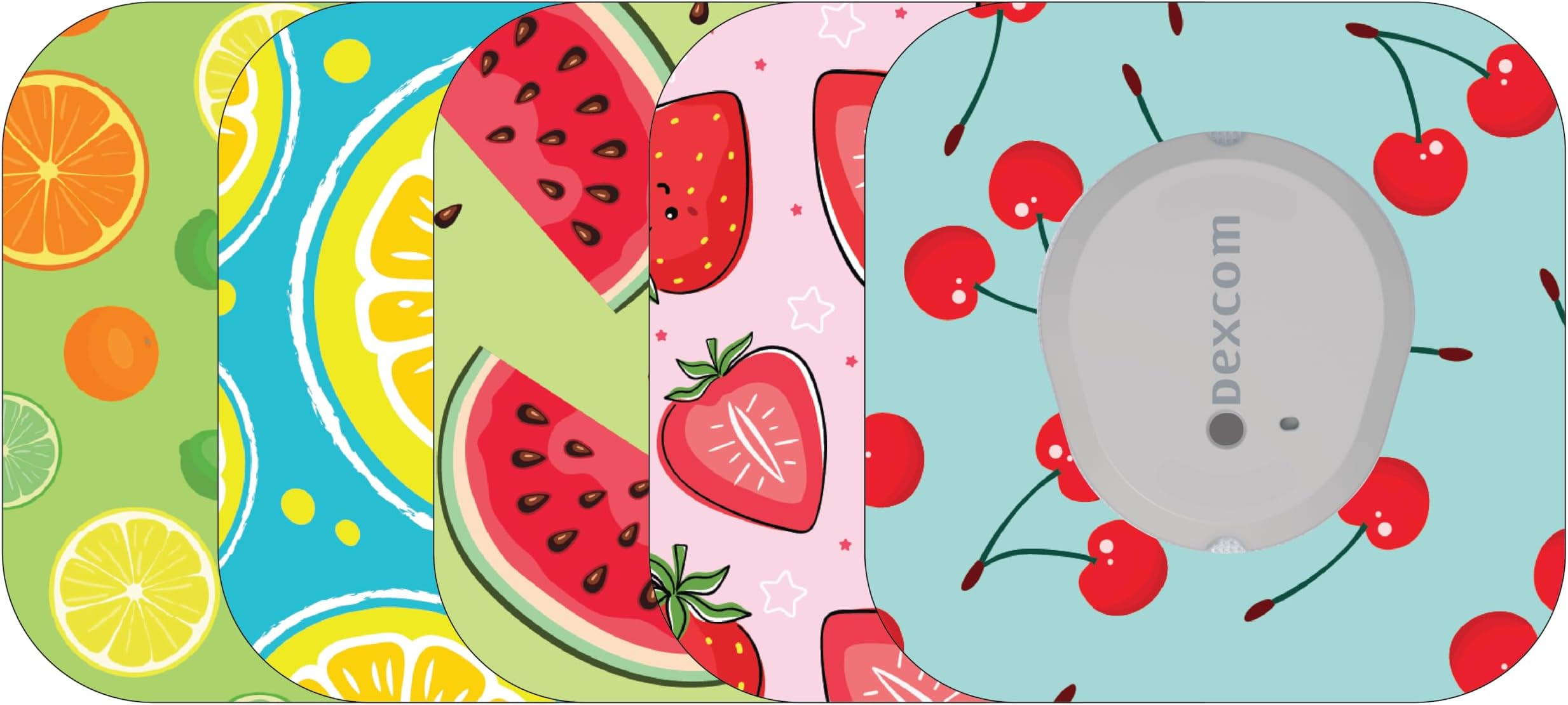 Glucomart Mini Adhesive Patches for Dexcom G7, Stelo & Infusion Sets – 5-Pack Waterproof, Sweatproof CGM Overpatches – Hypoallergenic CGM Sensor Patches (Fruits)