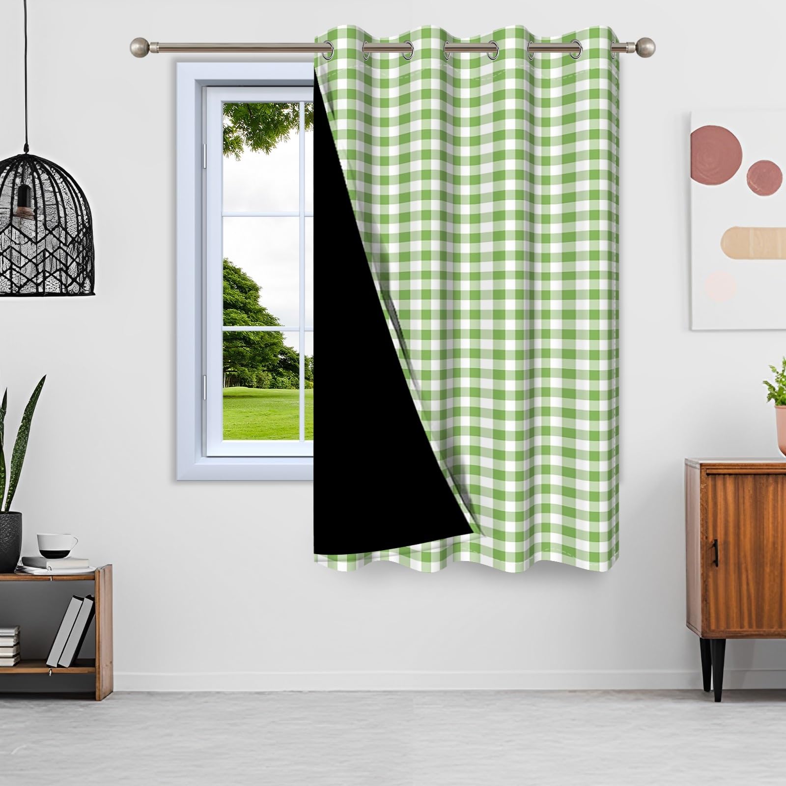 135x229cm Plaid Rideau à œillets Chiffon Buffalo Vert Sauge et Blanc Vichy Damier Motif Champêtre Thermique Rideaux occultants à œillets pour Chambre à Coucher et Salon,1 Panneau Simple