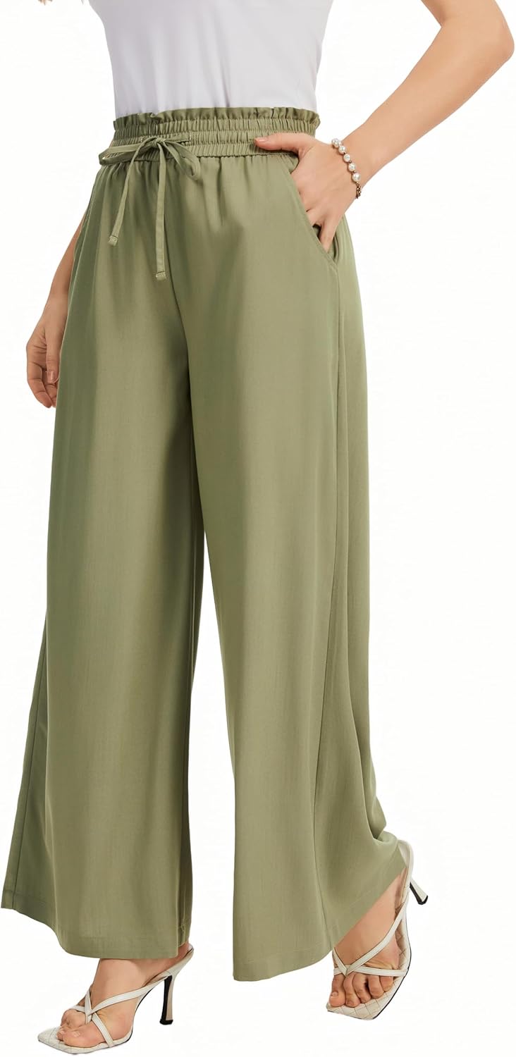 Wide Leg Casual Pants Women Elastic Drawstring Waisted Palazzo Cropped Trousers Baggy Slacks with Pockets - Image 2